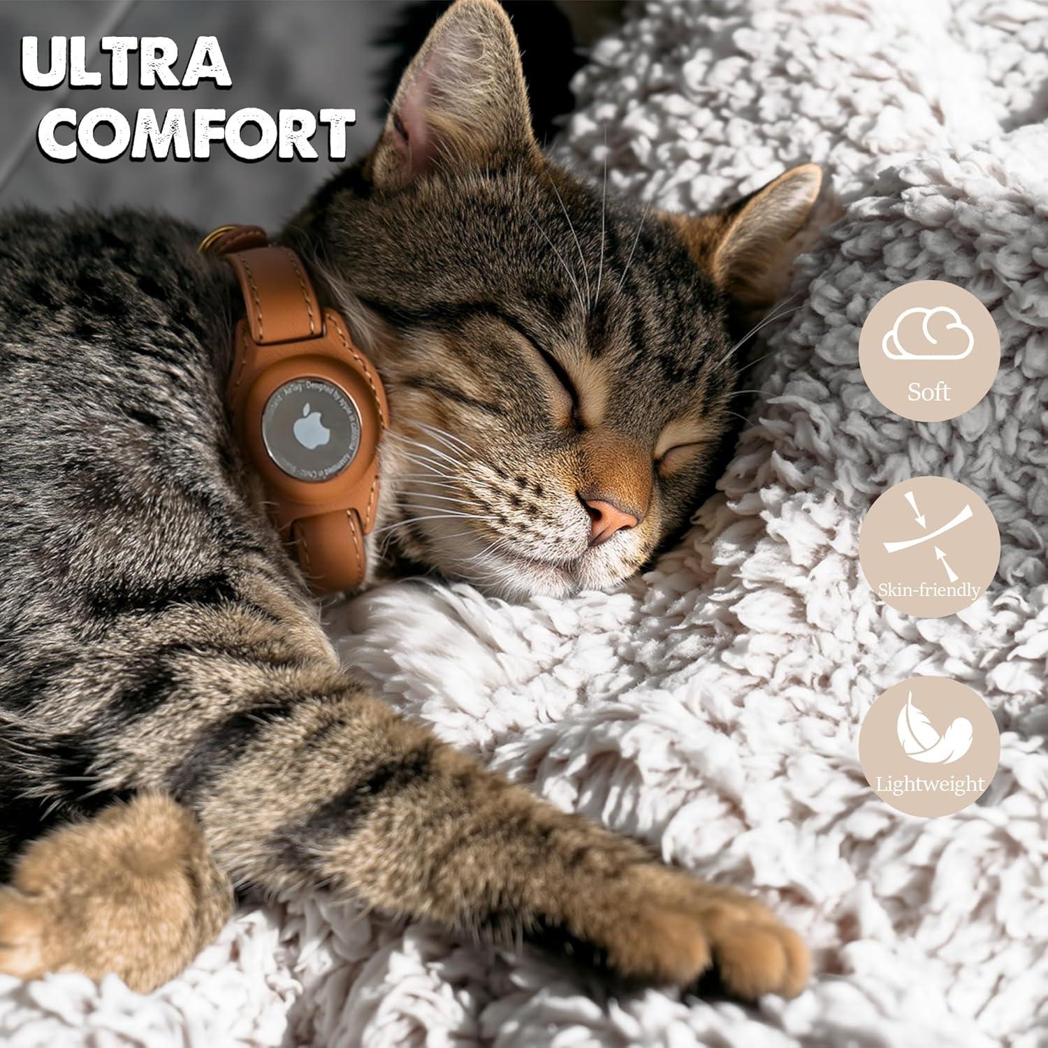 Collar para Gato AirTag Jowlroel Cuero Marrón Claro 33cm