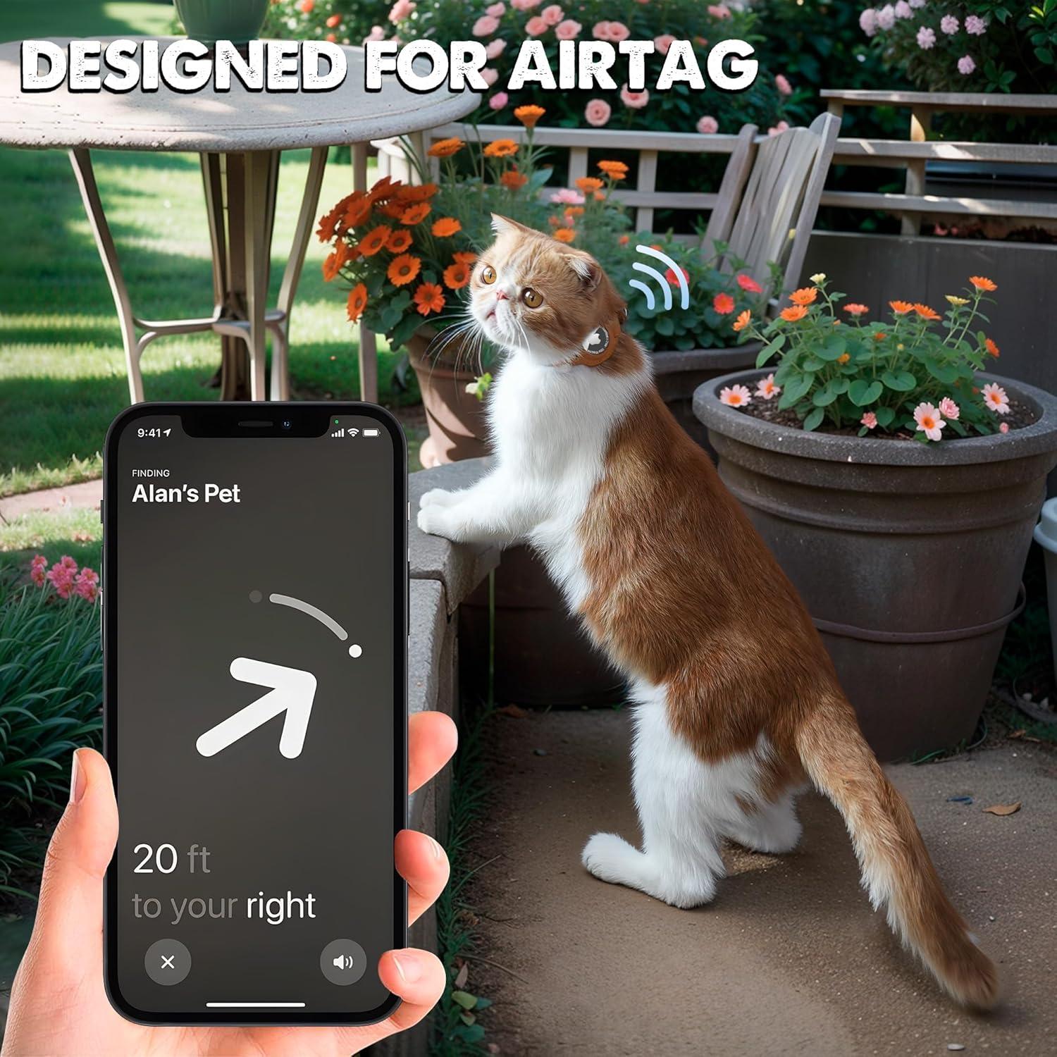 Collar para Gato AirTag Jowlroel Cuero Marrón Claro 33cm