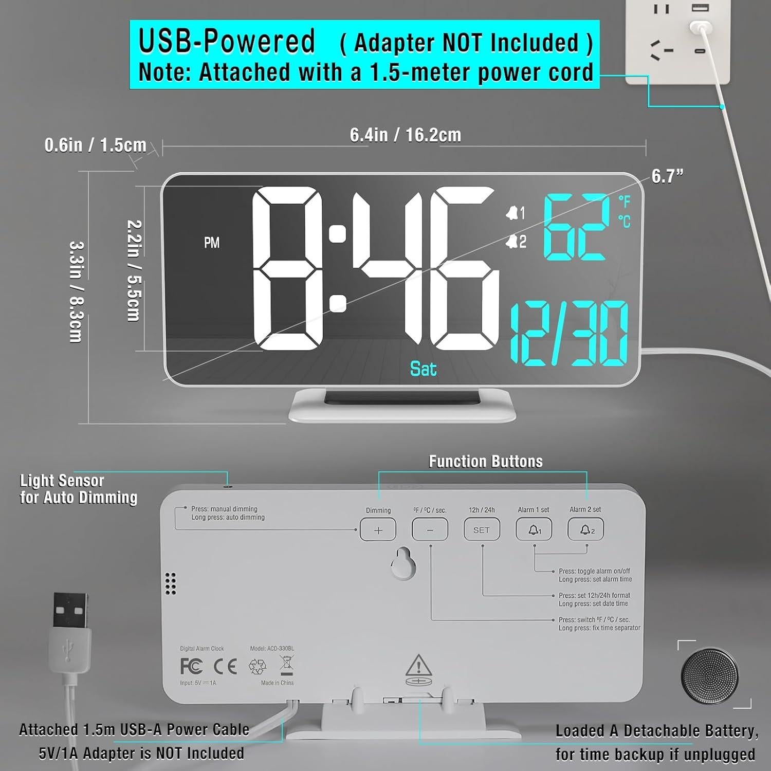 Reloj Digital LED KOSUMOSU 6.7" Blanco con Alarma Doble