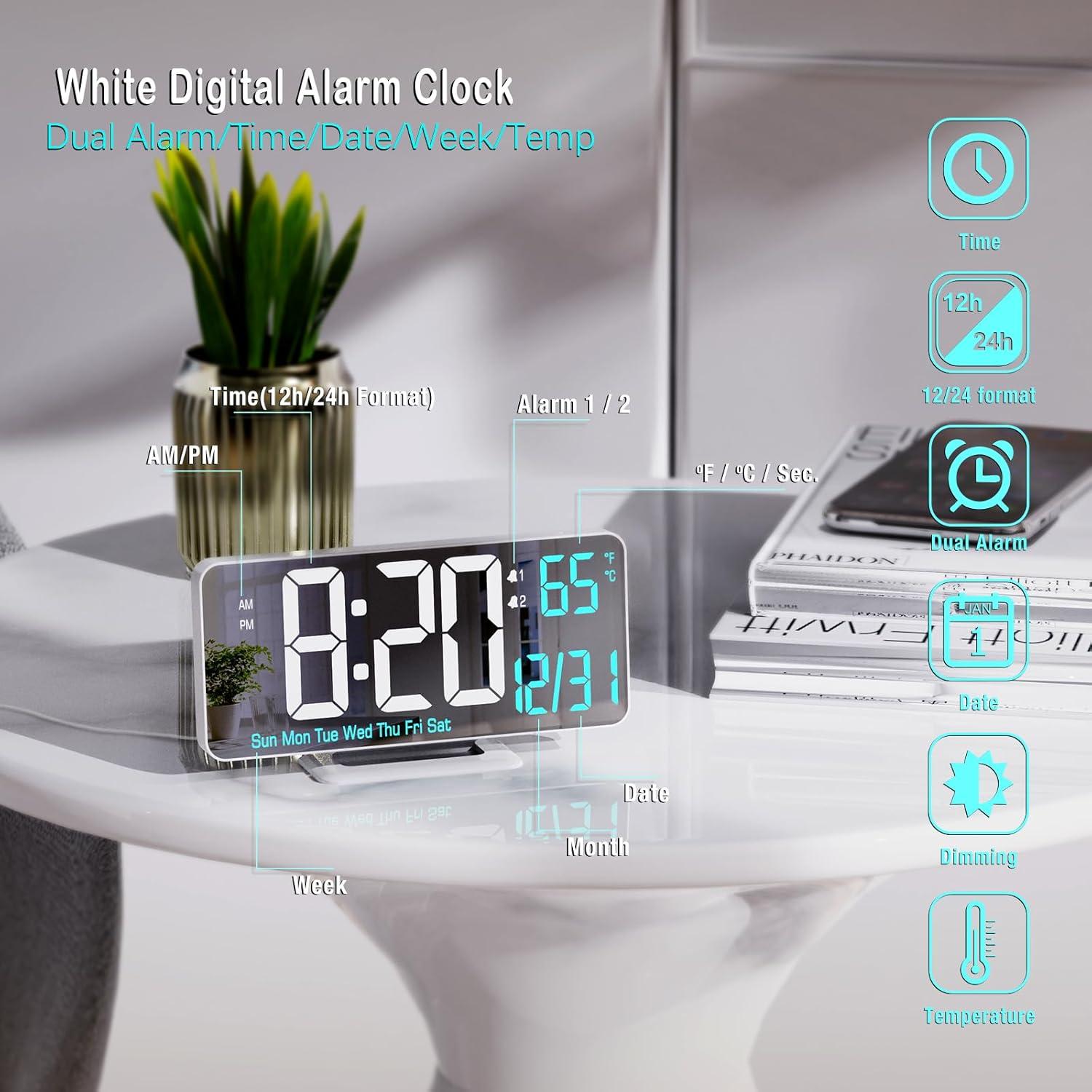 Reloj Digital LED KOSUMOSU 6.7" Blanco con Alarma Doble