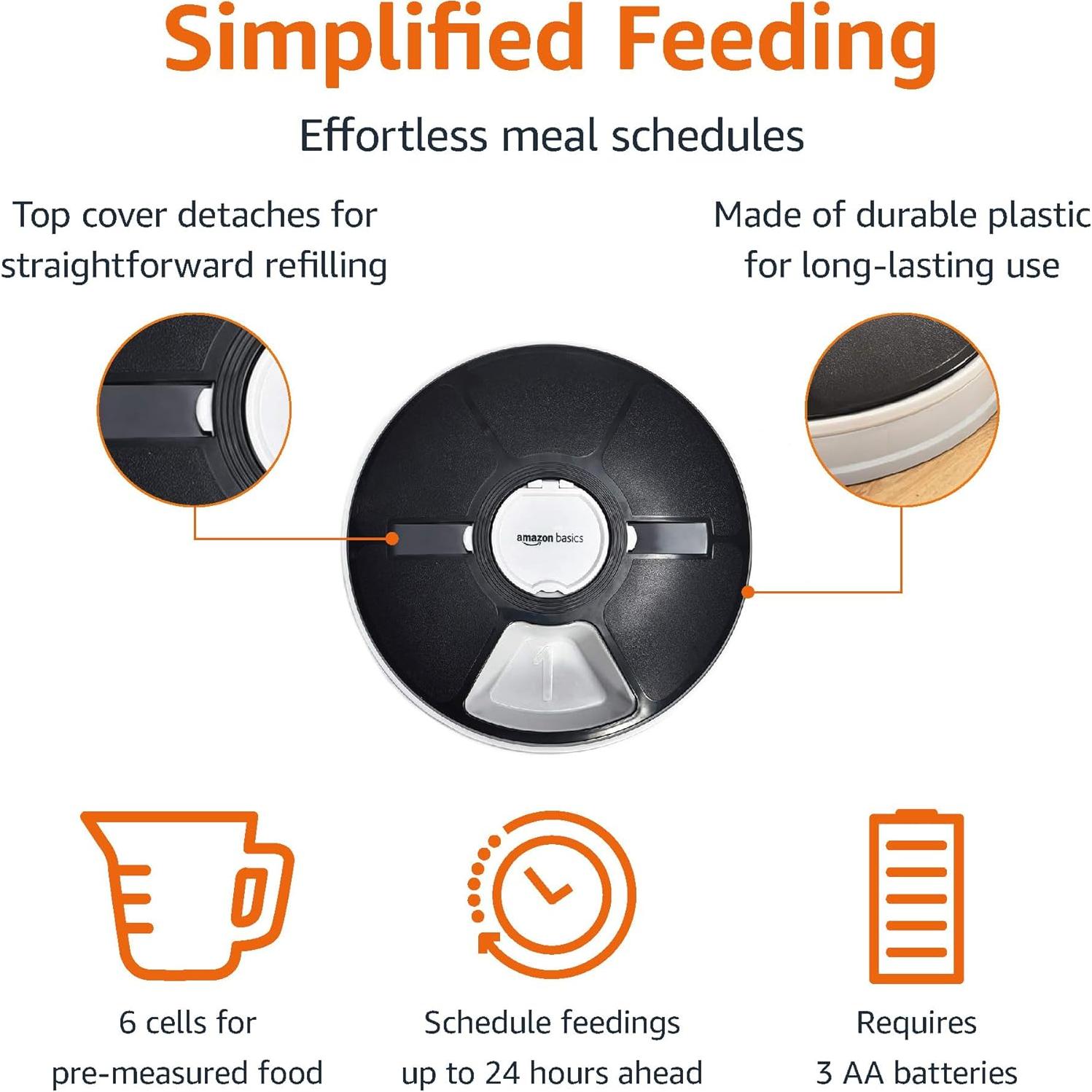 Dispensador Automático de Comida para Mascotas Amazon Basics, 6 Porciones, Negro