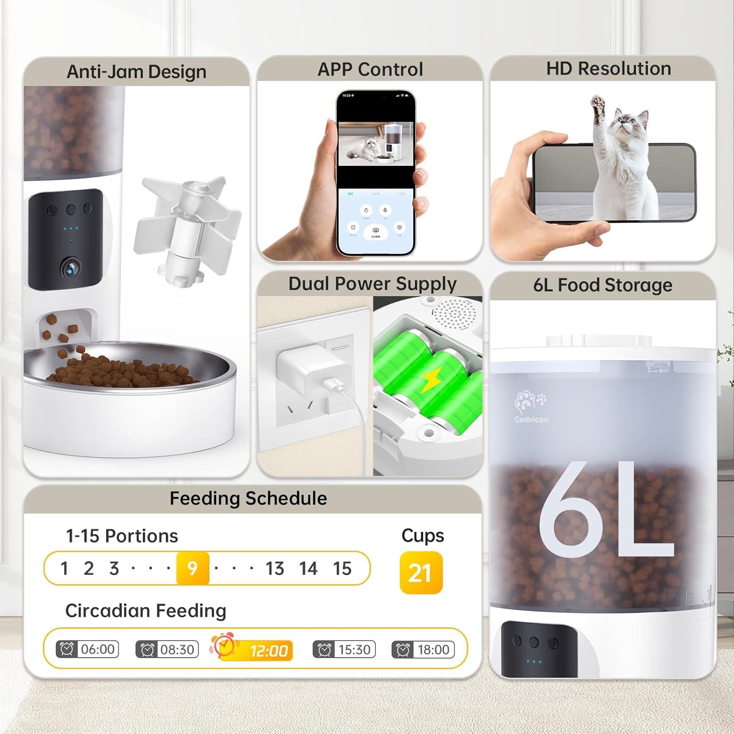 Comedero Automático 6L Centvicam con Cámara 1080P y App