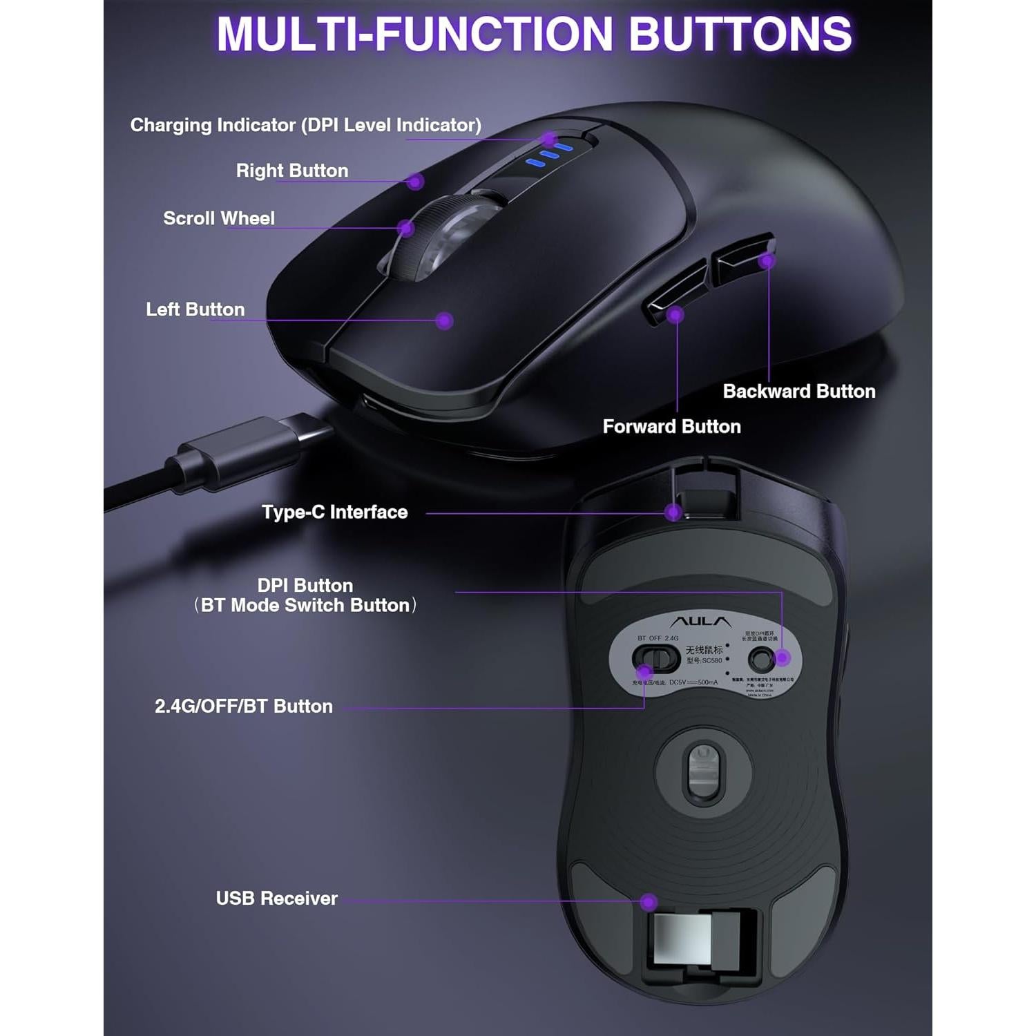 Ratón Gaming Inalámbrico AULA SC580 12000 DPI Ergonómico