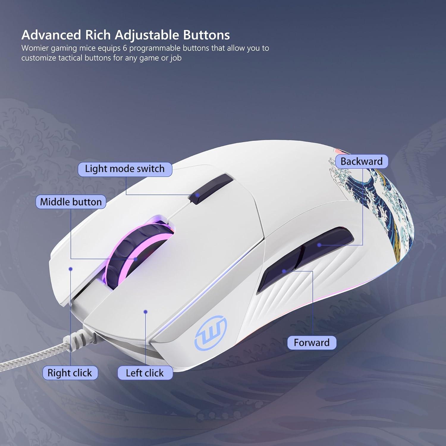 Ratón Gaming Womier Kanagawa RGB Blanco 12000DPI 6 Botones