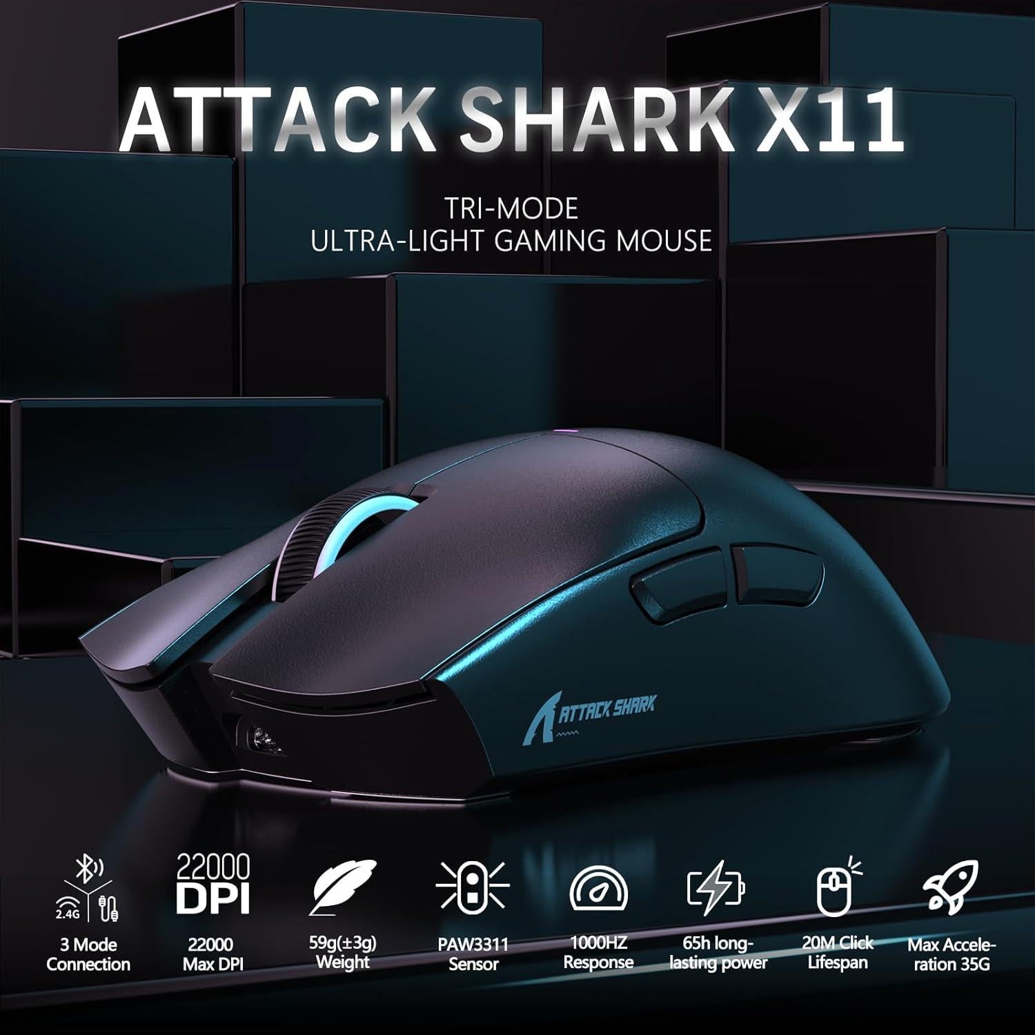 Ratón Gaming Inalámbrico Attack Shark X11 22000 DPI Negro