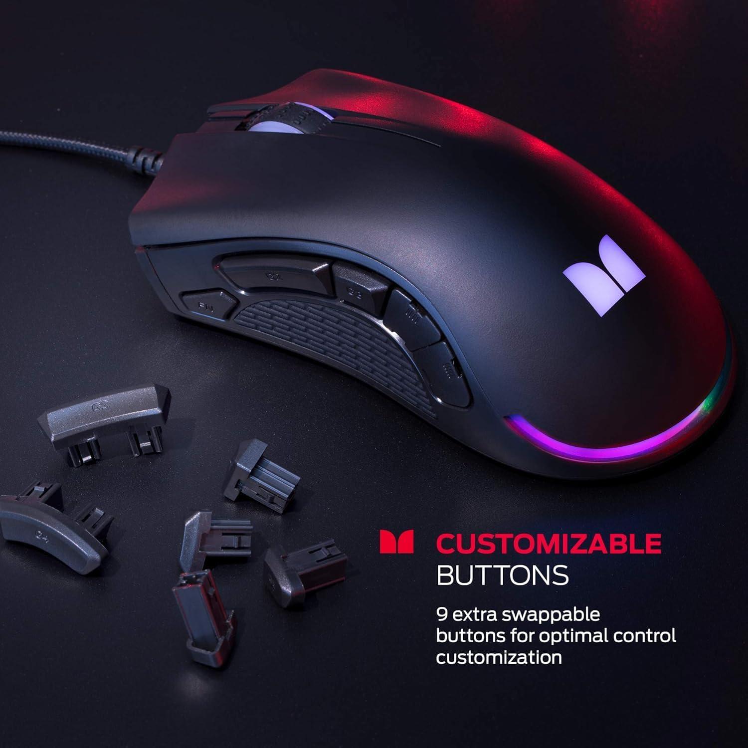Mouse para Juegos Monster RGB 16,000 DPI Ergonómico Negro