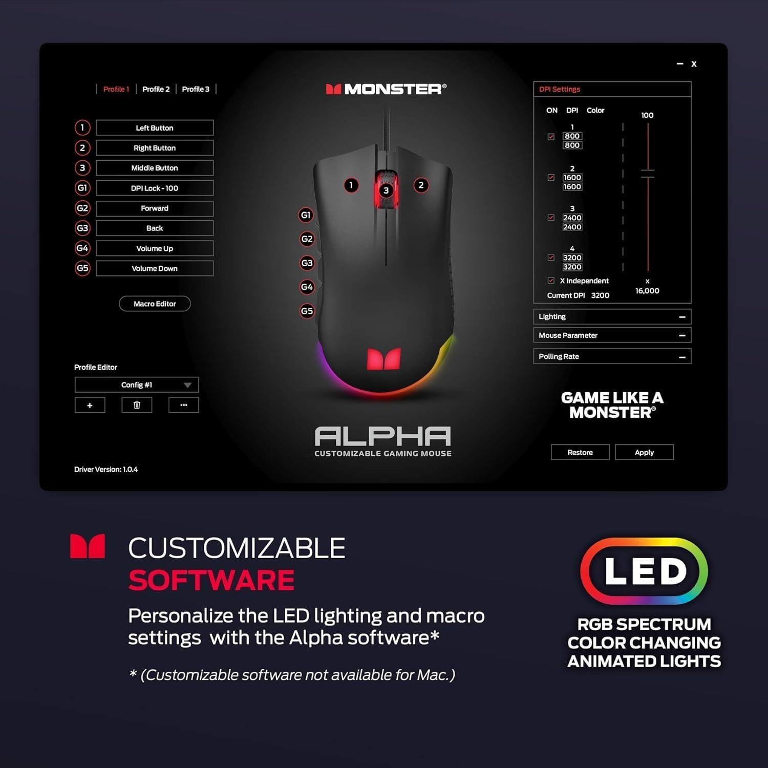 Mouse para Juegos Monster RGB 16,000 DPI Ergonómico Negro