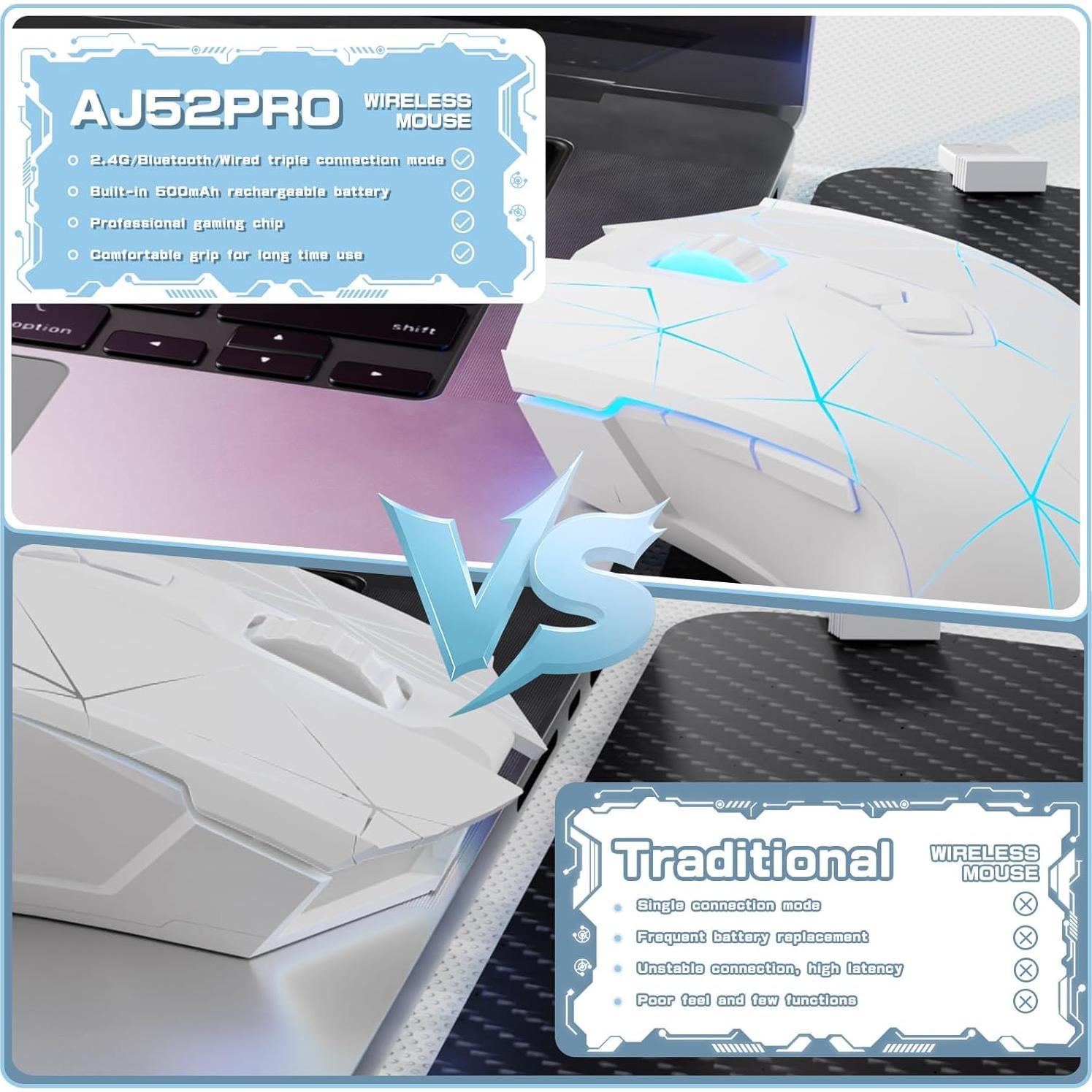 Ratón Gaming FELICON AJ52PRO Inalámbrico 10000DPI RGB Blanco