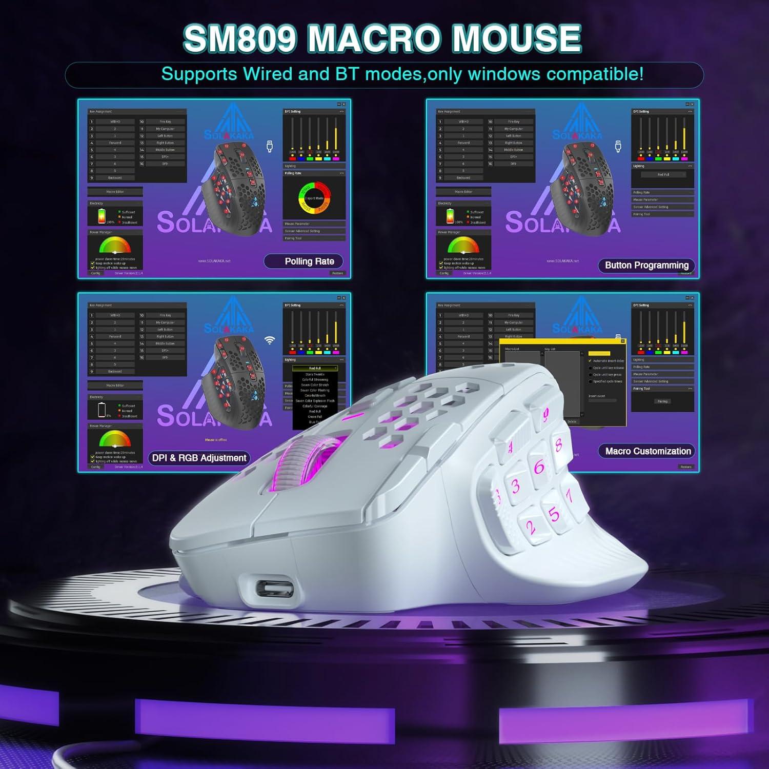 Ratón Gaming Inalámbrico SOLAKAKA SM809 Pro 24000 DPI RGB