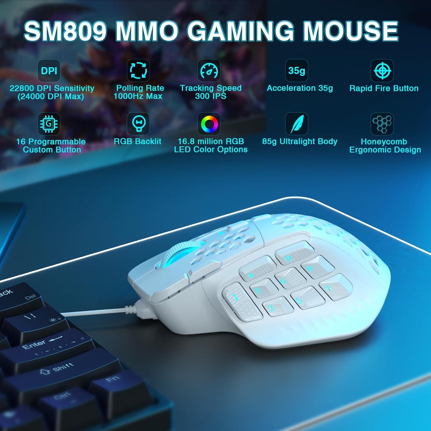 Ratón Gaming SOLAKAKA SM809 MMO con Cable RGB 24000 DPI
