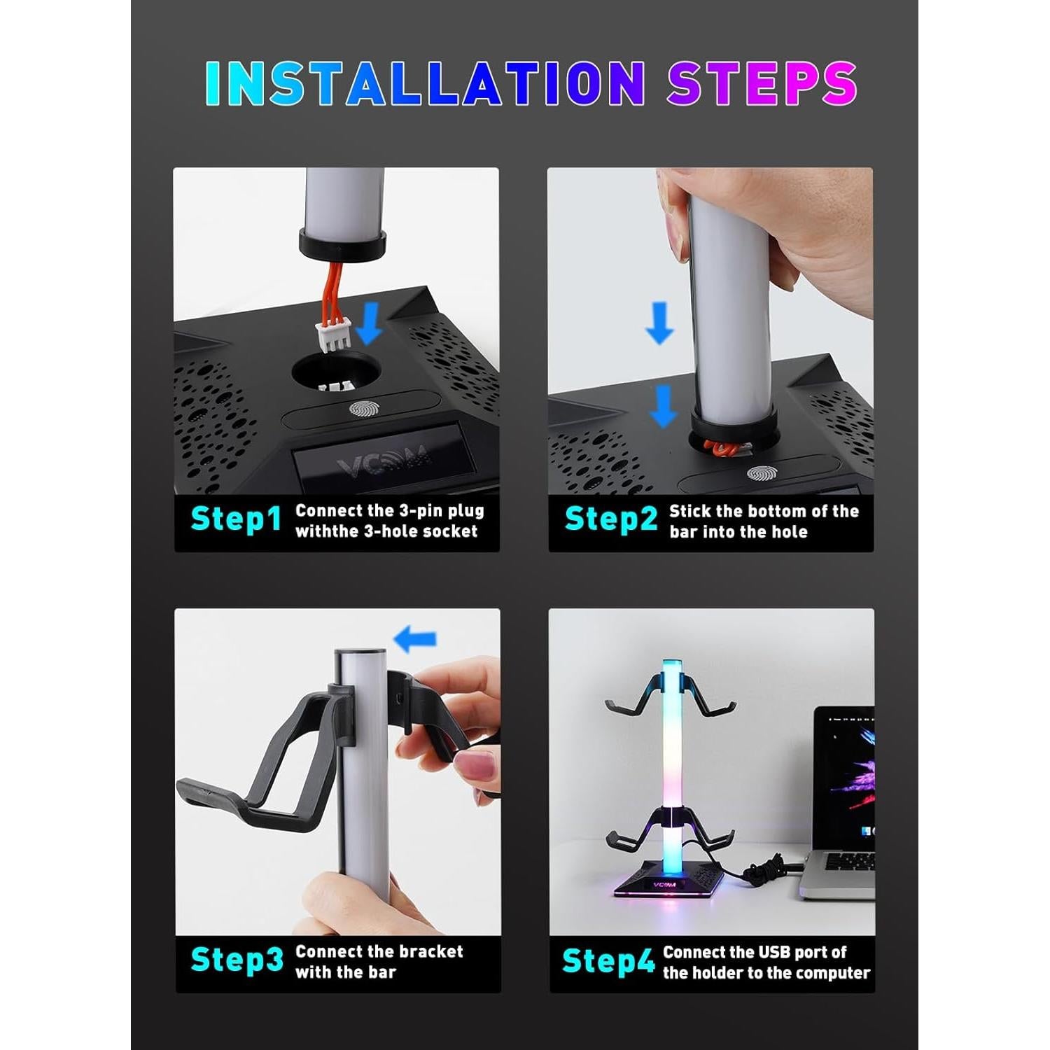 Soporte para Auriculares Gaming RGB Vcom con 2 Puertos USB