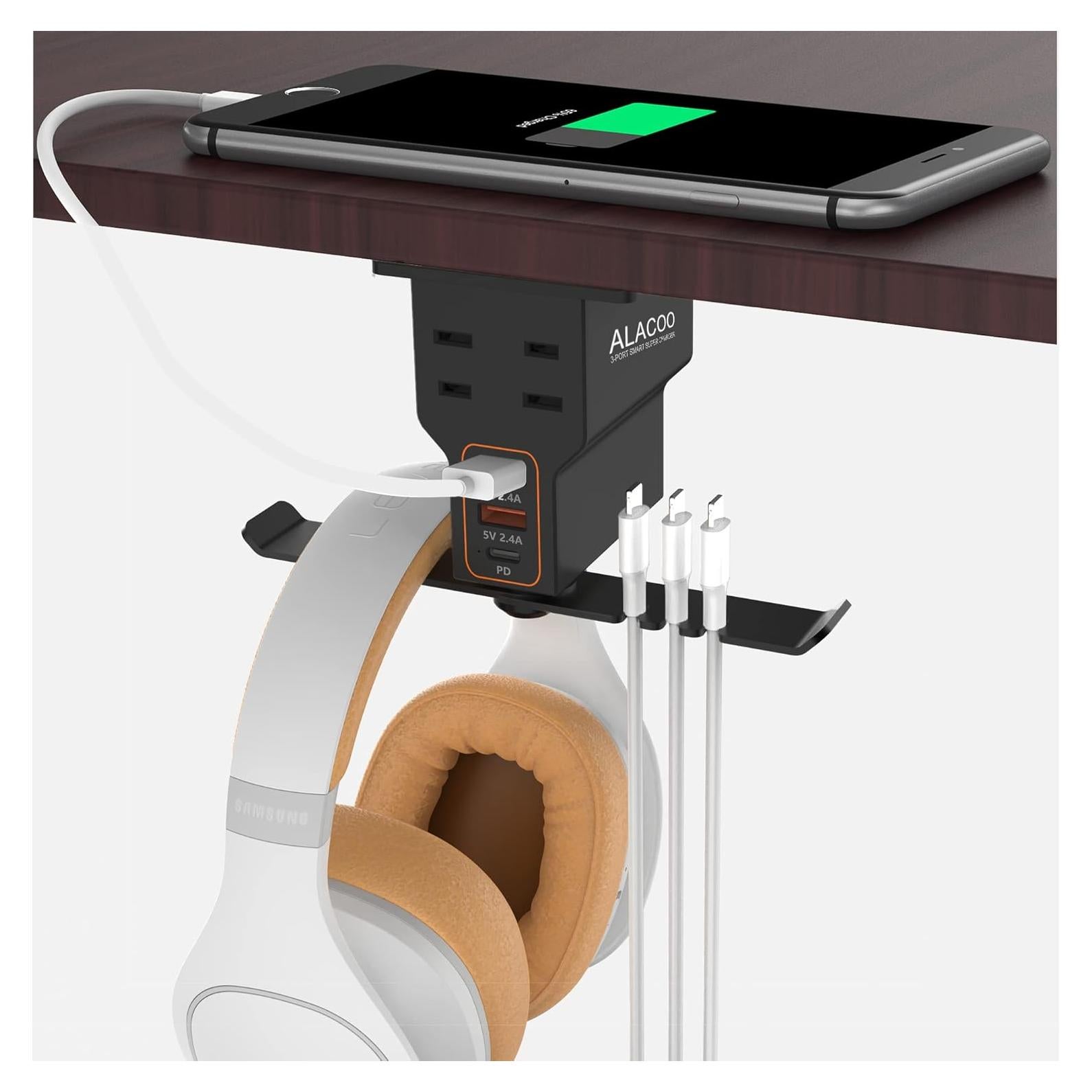 Soporte Doble para Auriculares ALACOO con Carga USB 3 Puertos