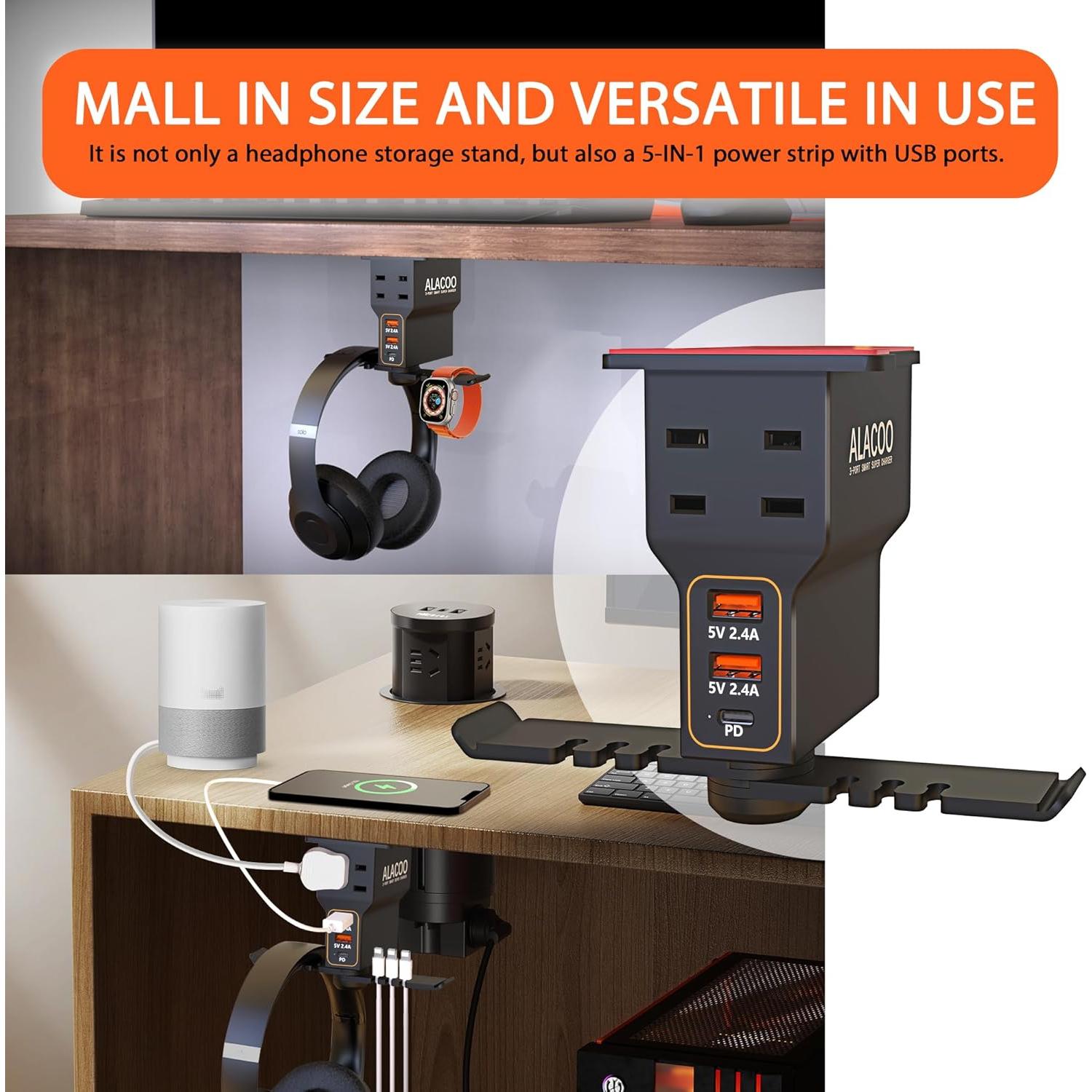 Soporte Doble para Auriculares ALACOO con Carga USB 3 Puertos