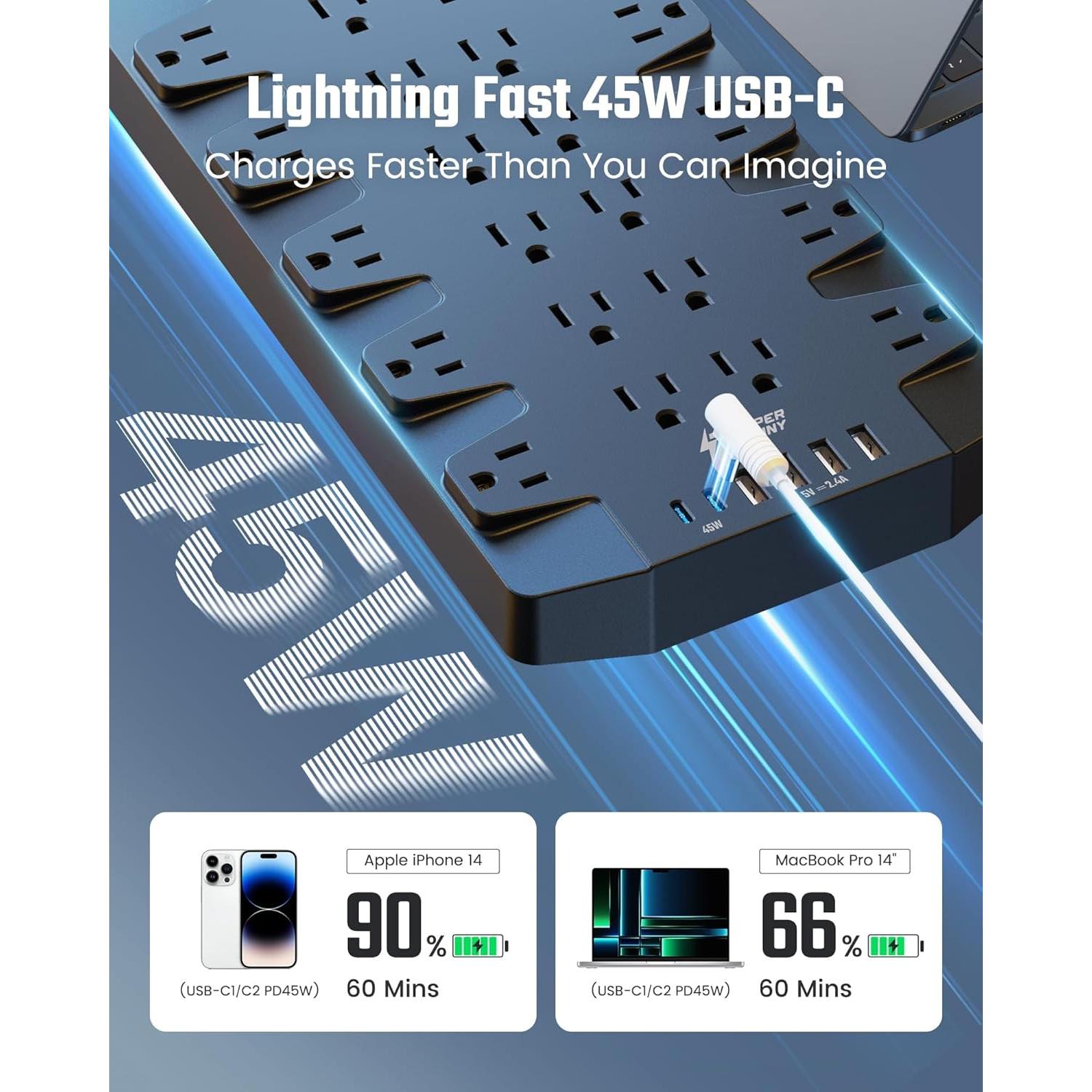 Regleta de Carga Rápida 45W SUPERDANNY 22 Salidas 6 USB