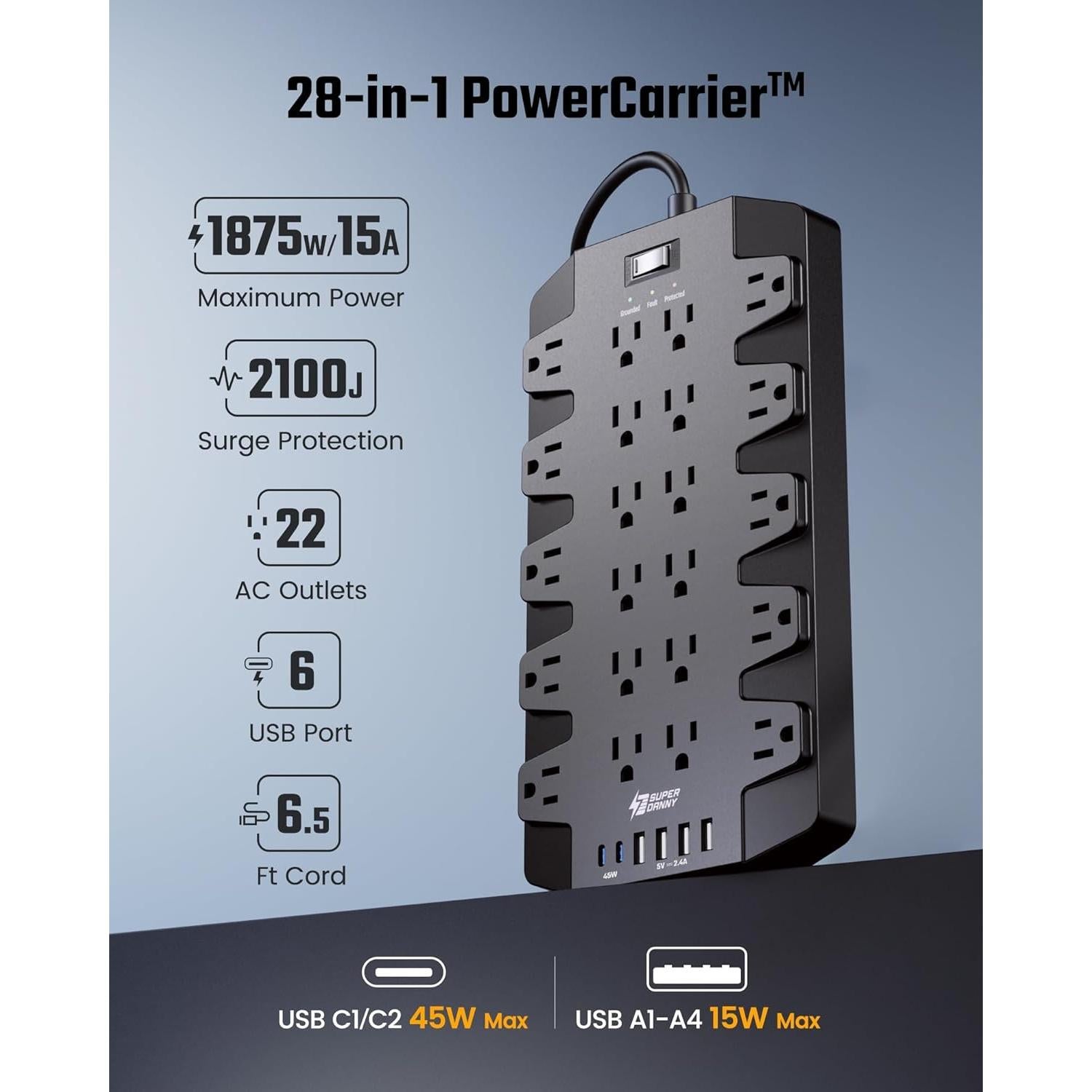 Regleta de Carga Rápida 45W SUPERDANNY 22 Salidas 6 USB