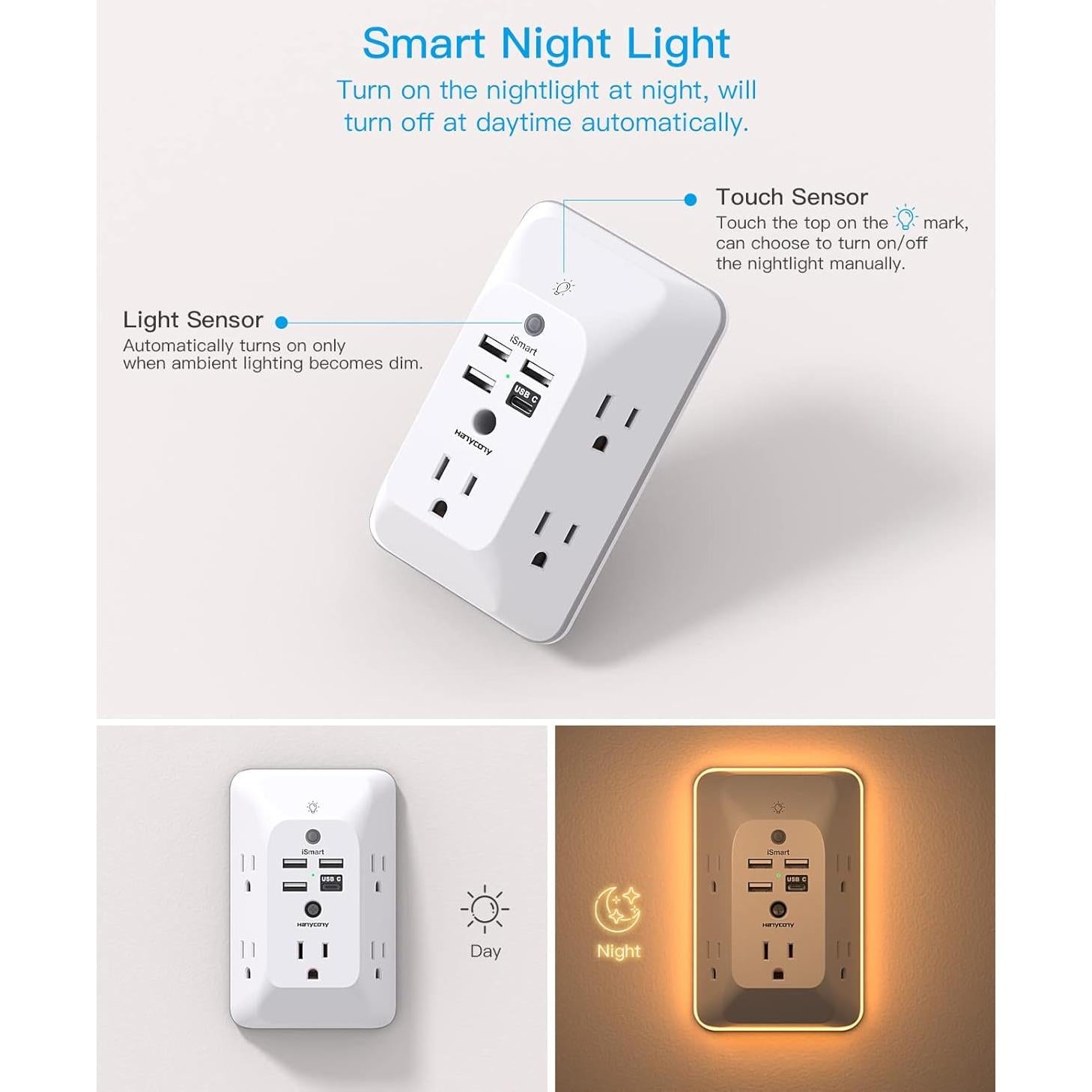 Extensor de Enchufe HANYCONY con Luz Nocturna 4 USB C