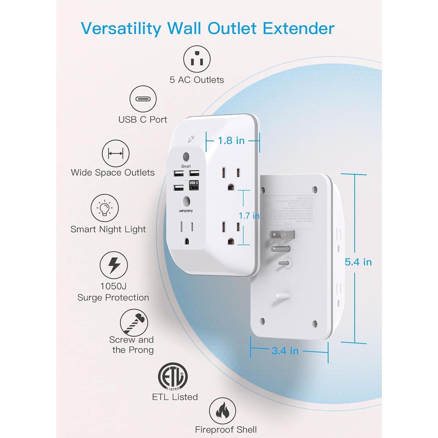 Extensor de Enchufe HANYCONY con Luz Nocturna 4 USB C