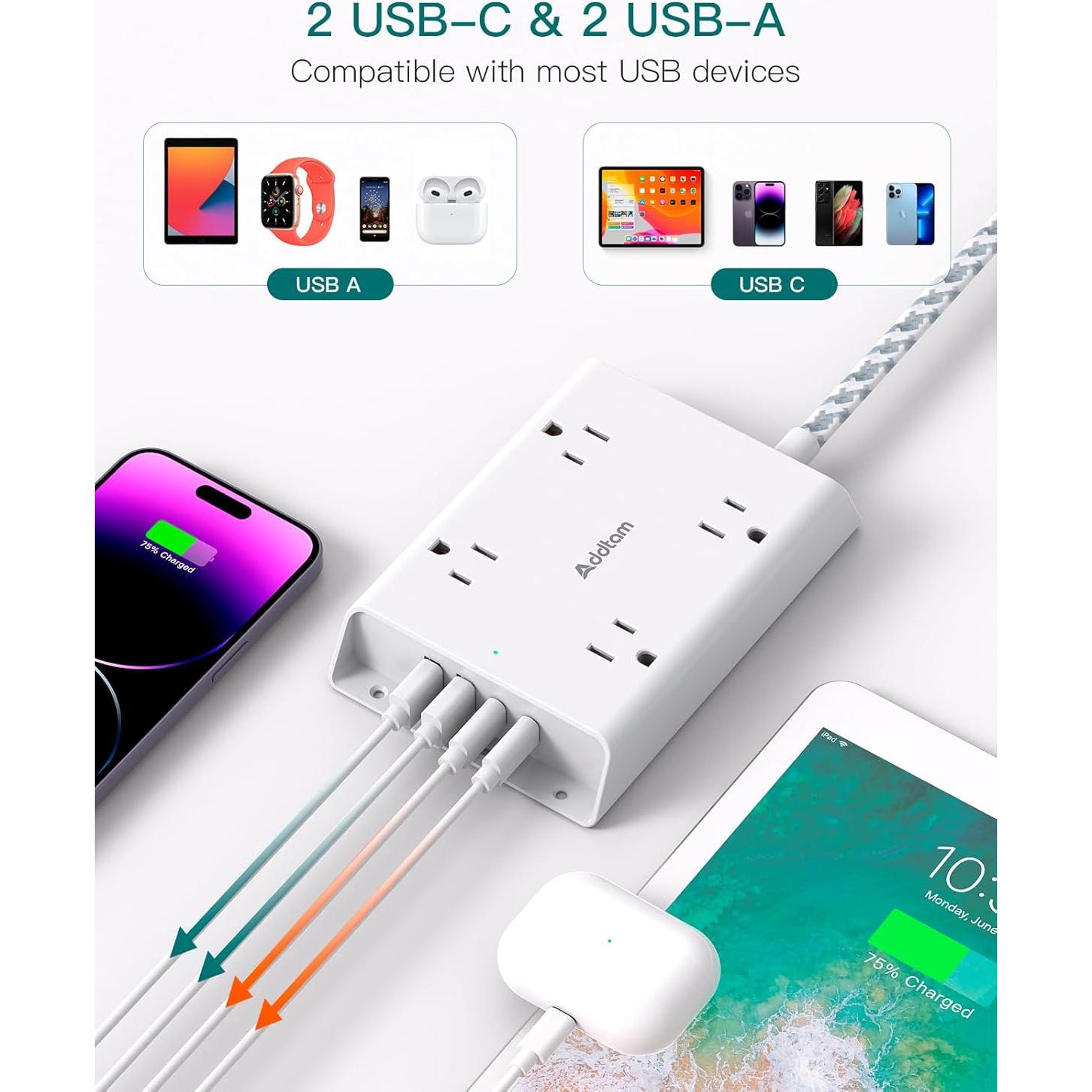 Regleta de Protección Addtam 5 pies 4 Salidas USB C Blanca