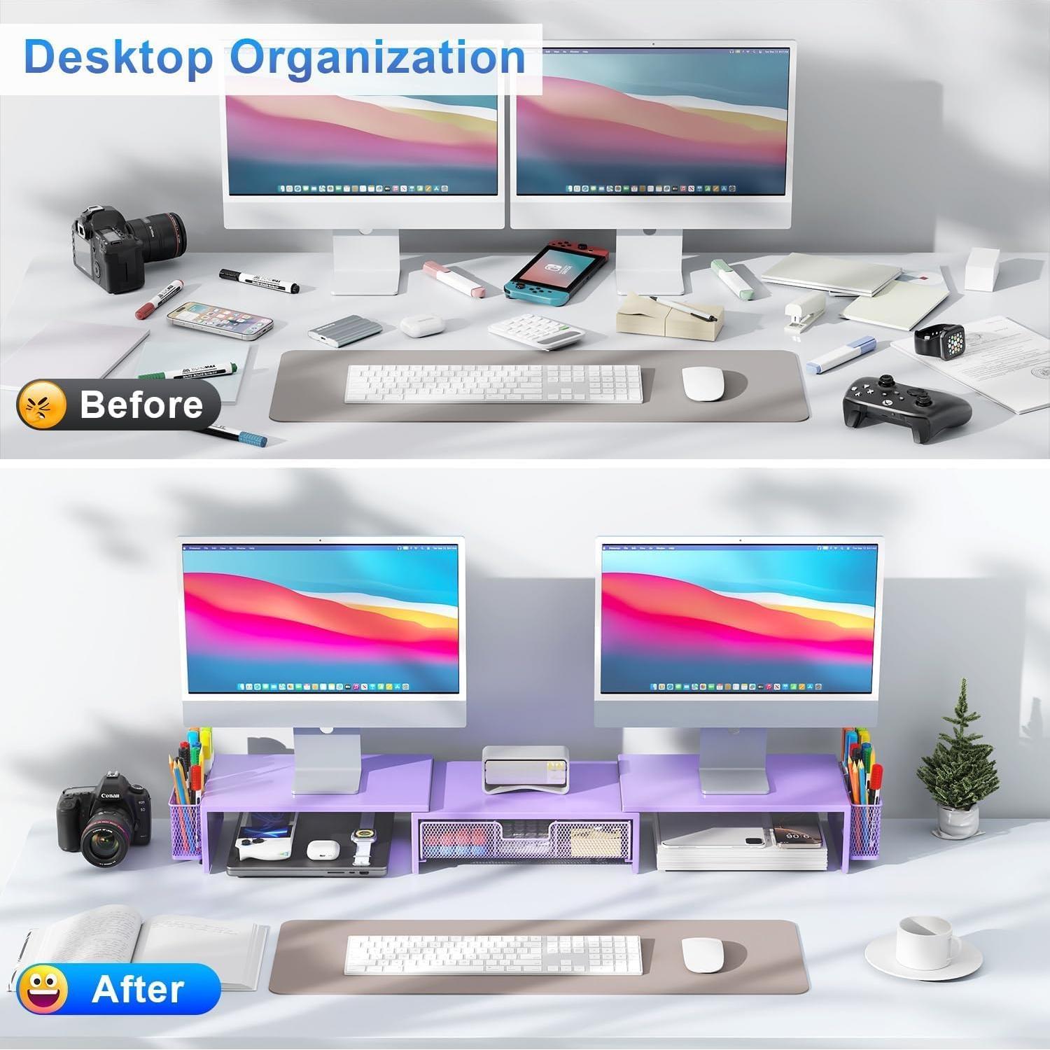 Soporte Doble Monitor Gianotter con Cajón y Sujetapapeles