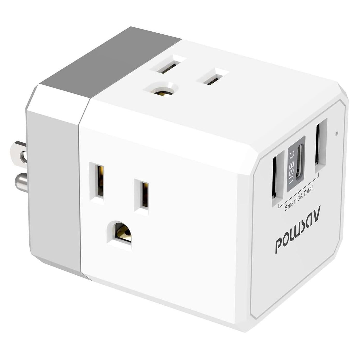 Divisor de Salida 3 Lados POWSAV con 3 Puertos USB Blanco