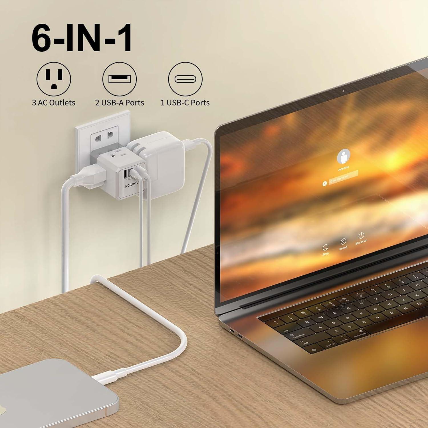 Divisor de Salida 3 Lados POWSAV con 3 Puertos USB Blanco