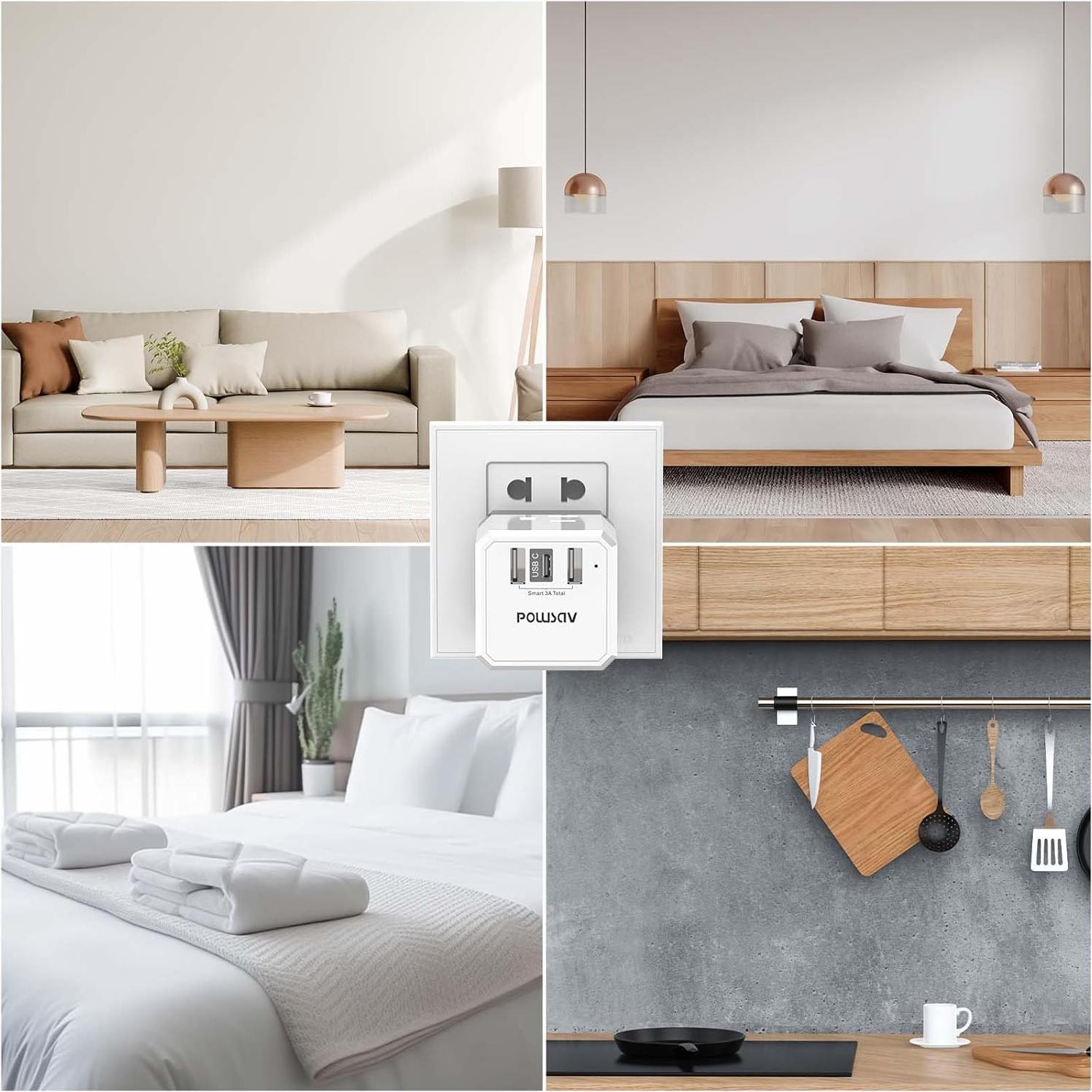 Divisor de Salida 3 Lados POWSAV con 3 Puertos USB Blanco