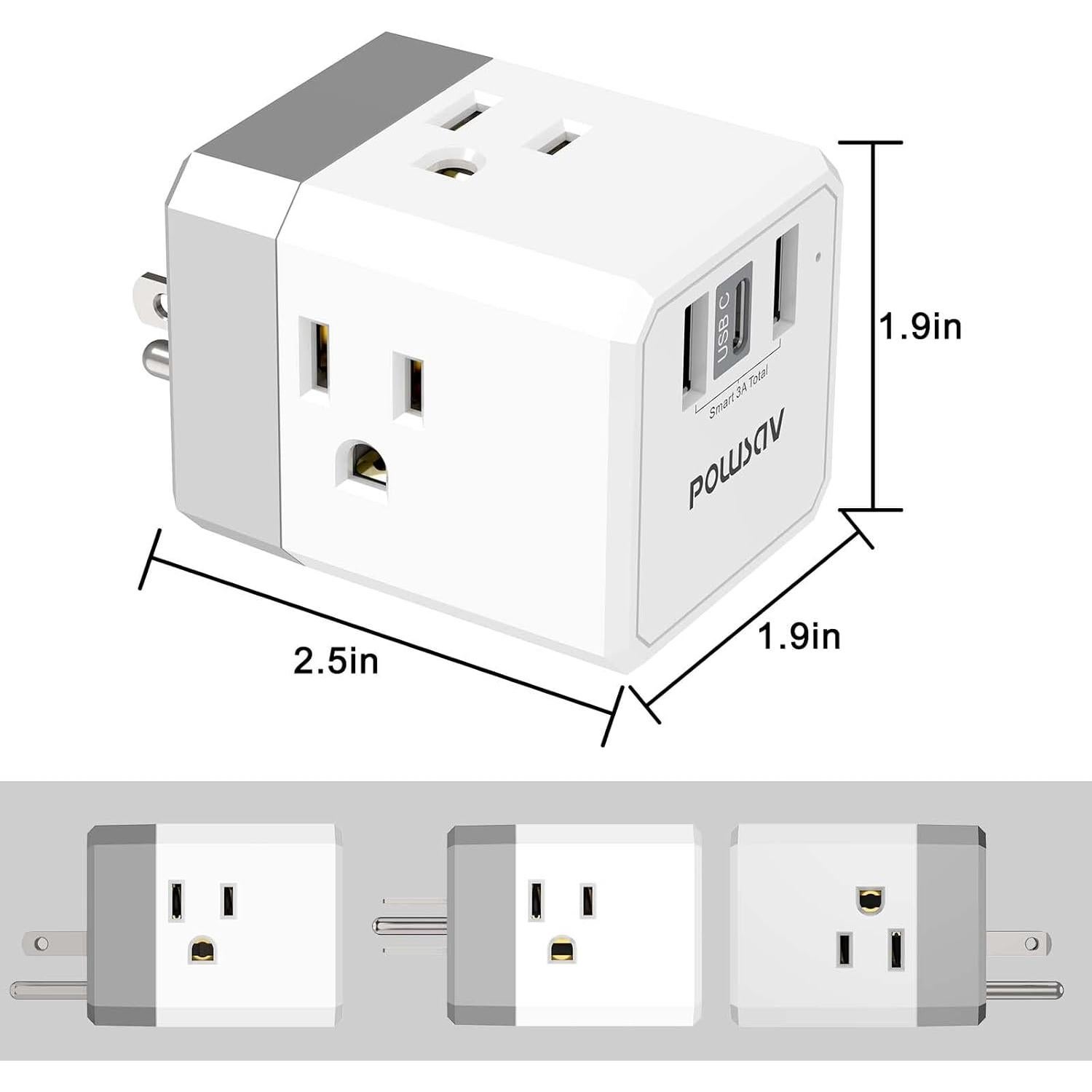 Divisor de Salida 3 Lados POWSAV con 3 Puertos USB Blanco