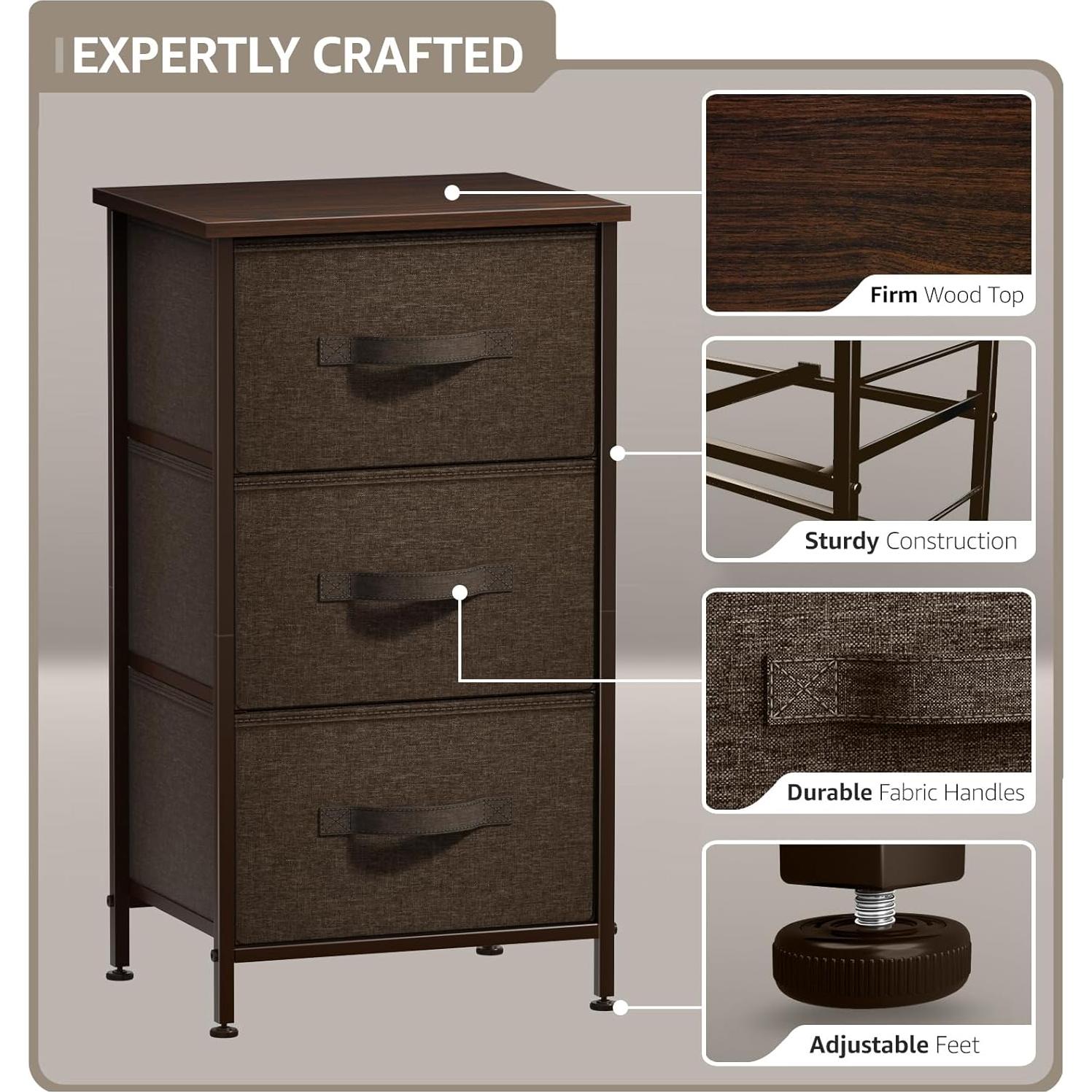 Mesita de Noche Sorbus DRW-3D con 3 Cajones Marrón