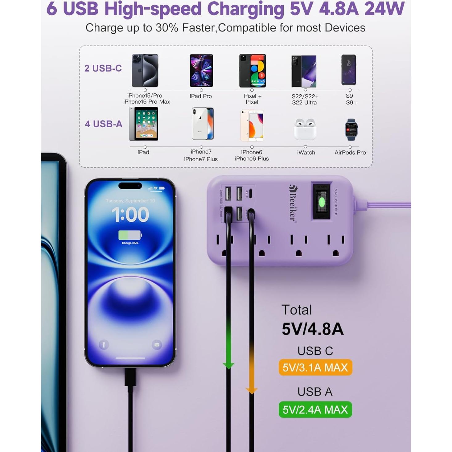 Toma de Corriente USB Morada BEEIKER 6 Puertos 24W 5ft