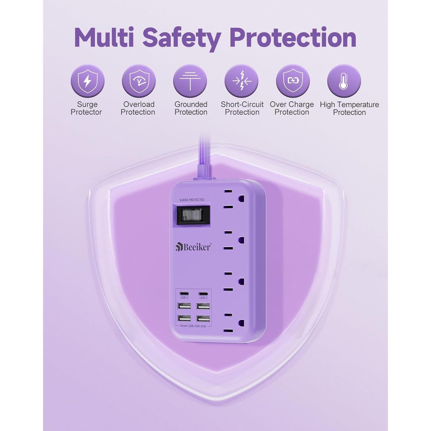 Toma de Corriente USB Morada BEEIKER 6 Puertos 24W 5ft