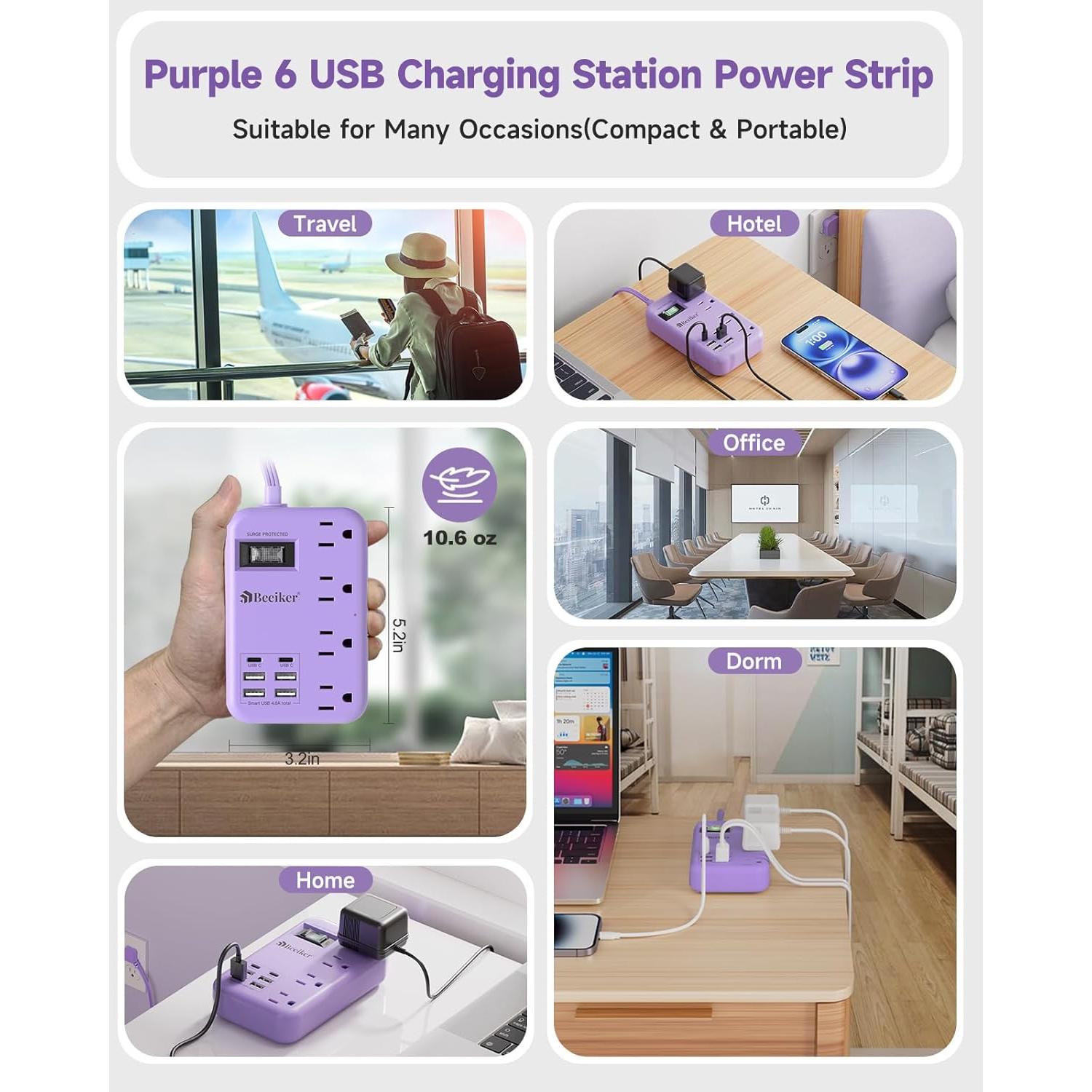 Toma de Corriente USB Morada BEEIKER 6 Puertos 24W 5ft