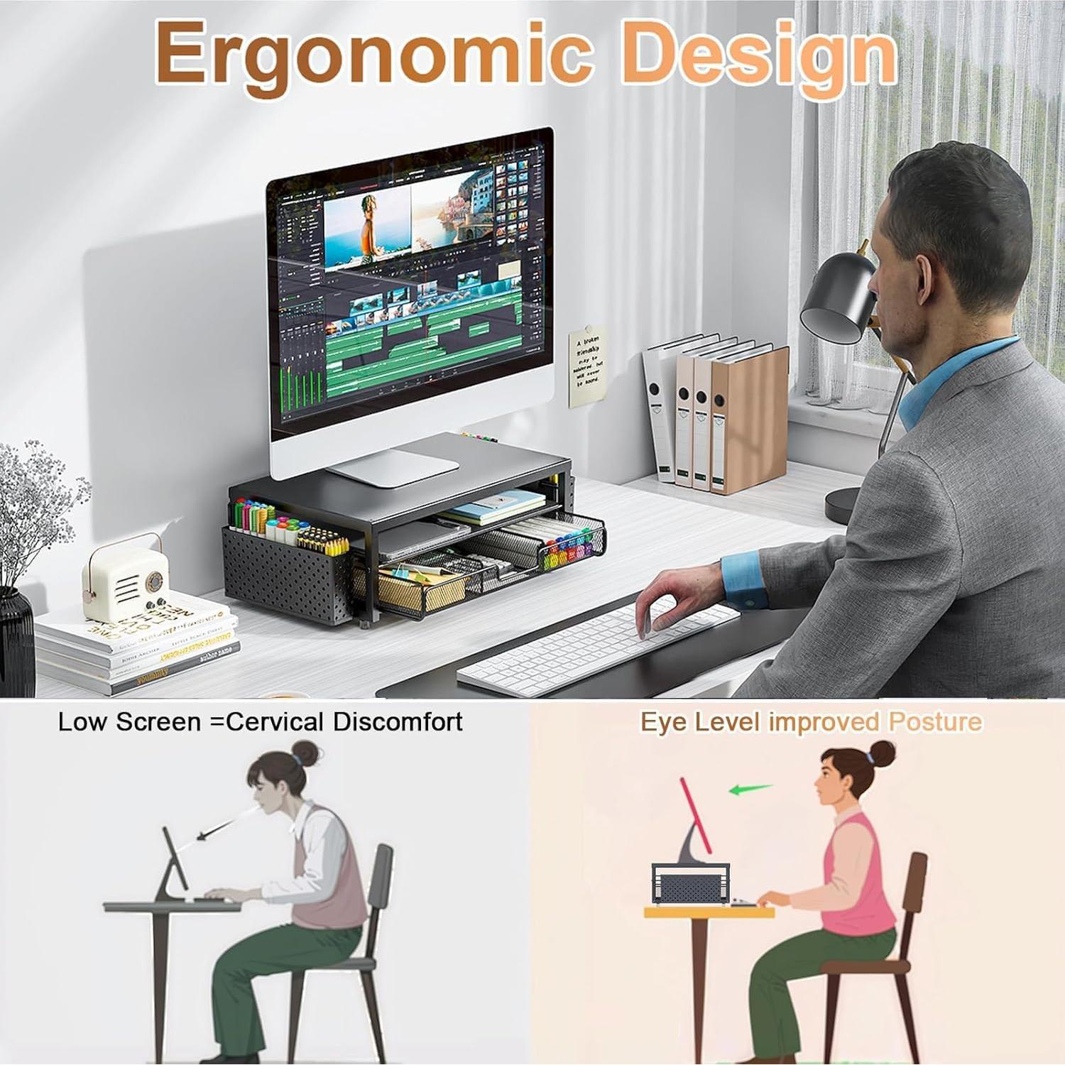 Soporte para Monitor Ergonomico Gianotter con Cajón y Portalápices