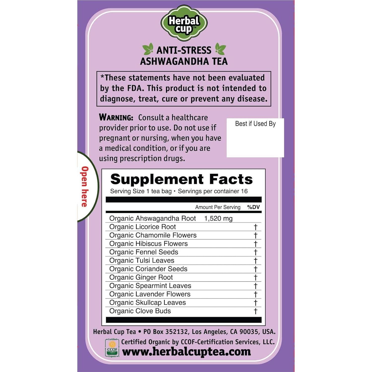 Té de Ashwagandha Herbal Cup 16 Bolsitas Orgánico Antiestrés