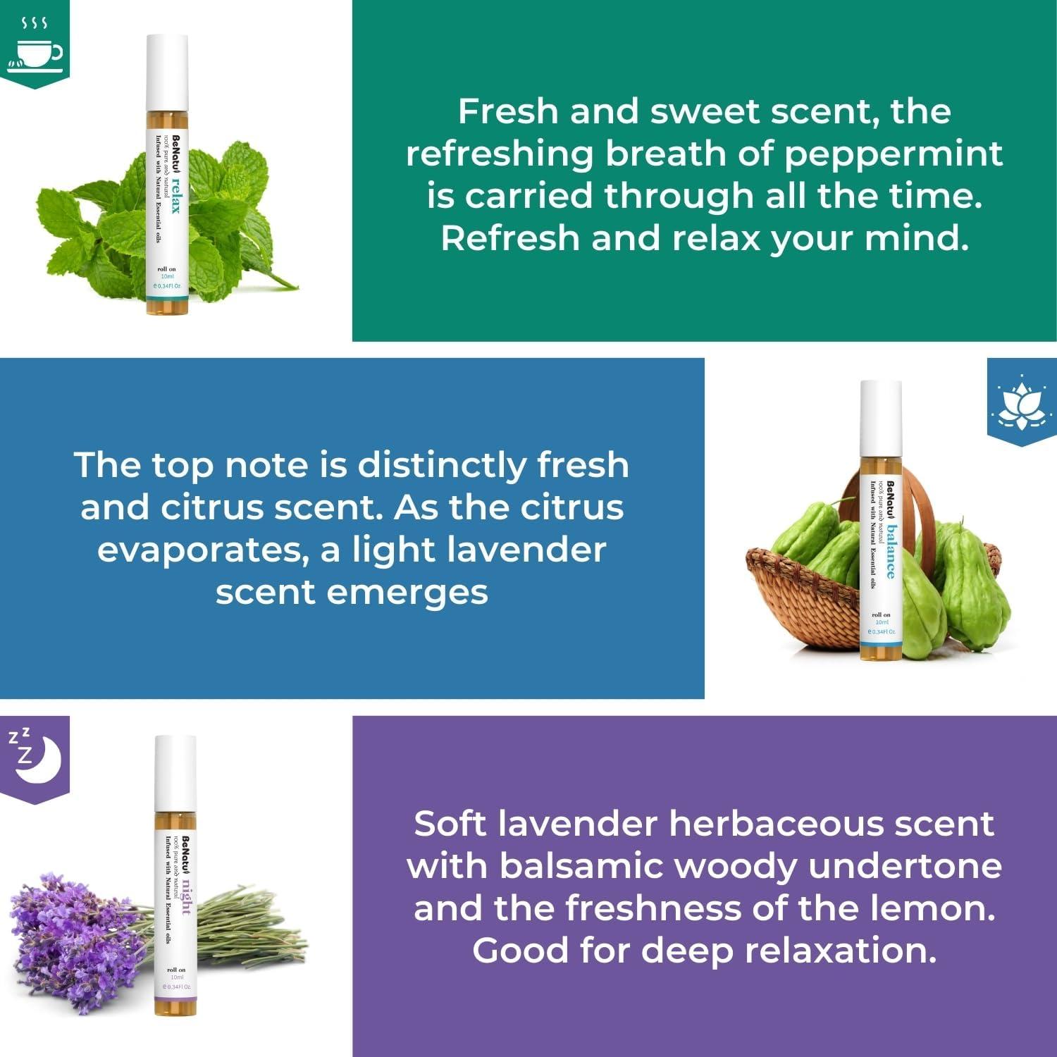 Juego de Aceites Esenciales Roll-On 100% Natural - Relajación, Noche, Equilibrio