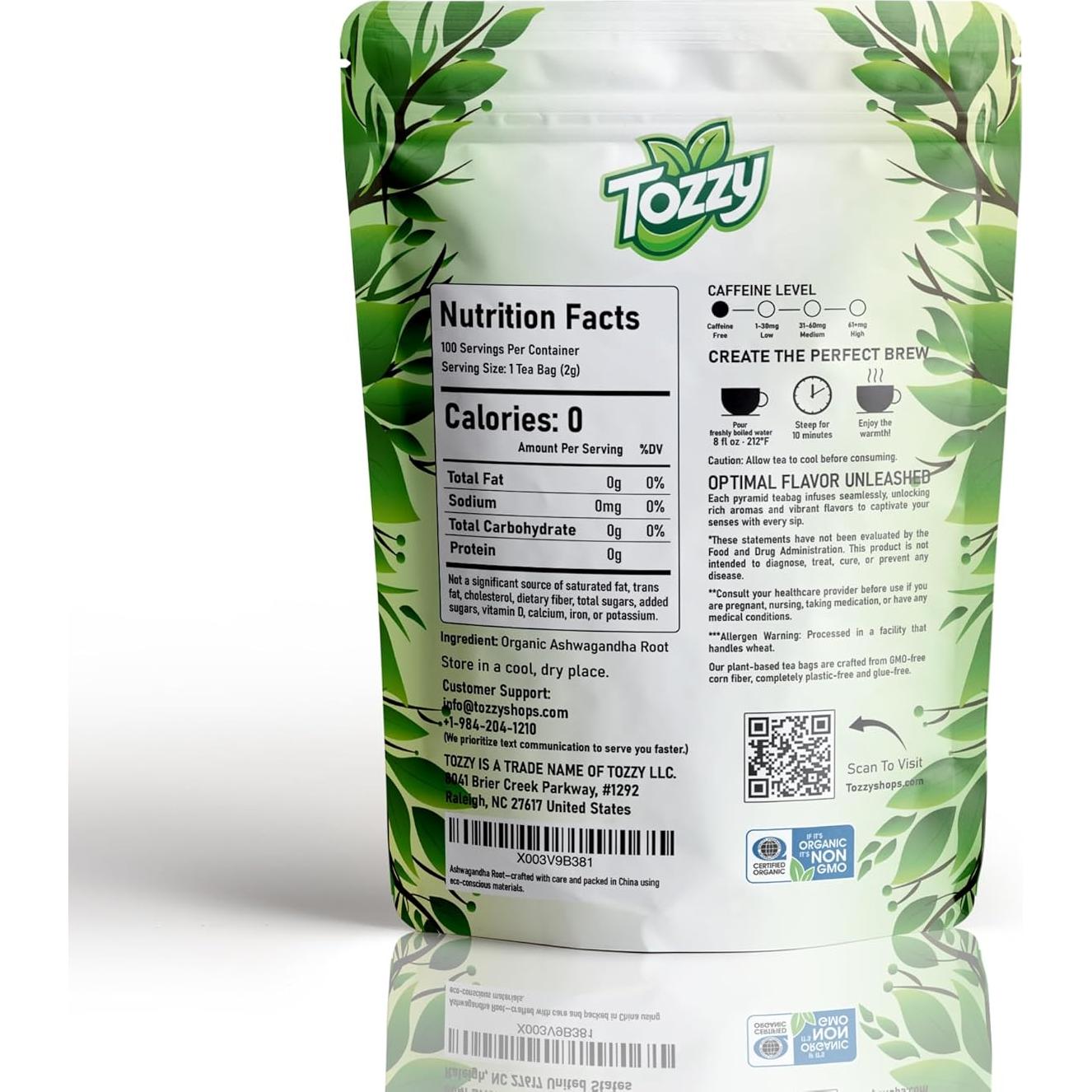 Té de Ashwagandha Orgánico Tozzy - 100 Bolsitas Pirámide