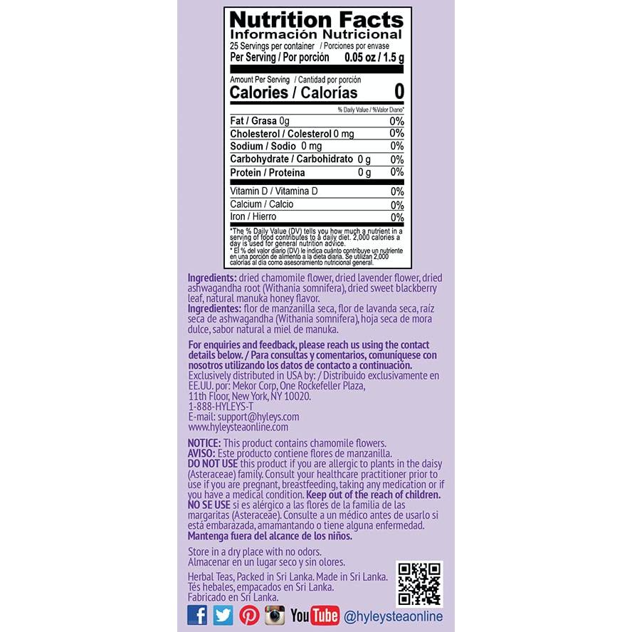 Té Calm Hyleys con Ashwagandha - Lavanda y Miel - 25 Bolsitas