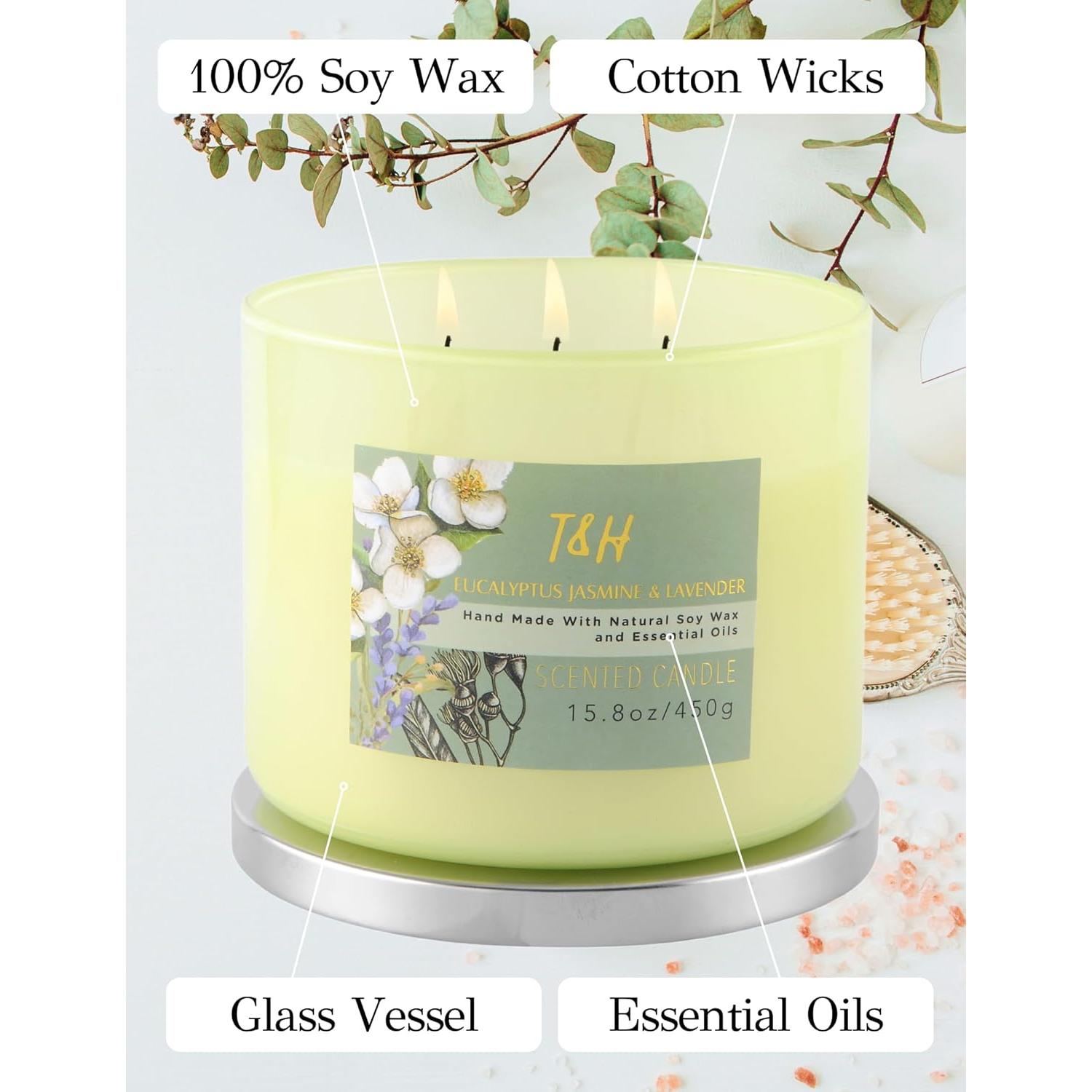 Vela Aromatizada de Soja 3 Mechas Eucalipto Jazmín Lavanda 450g