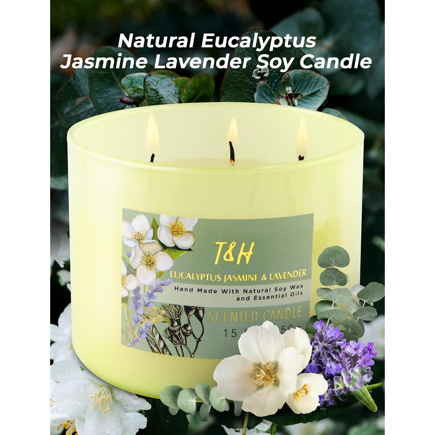 Vela Aromatizada de Soja 3 Mechas Eucalipto Jazmín Lavanda 450g