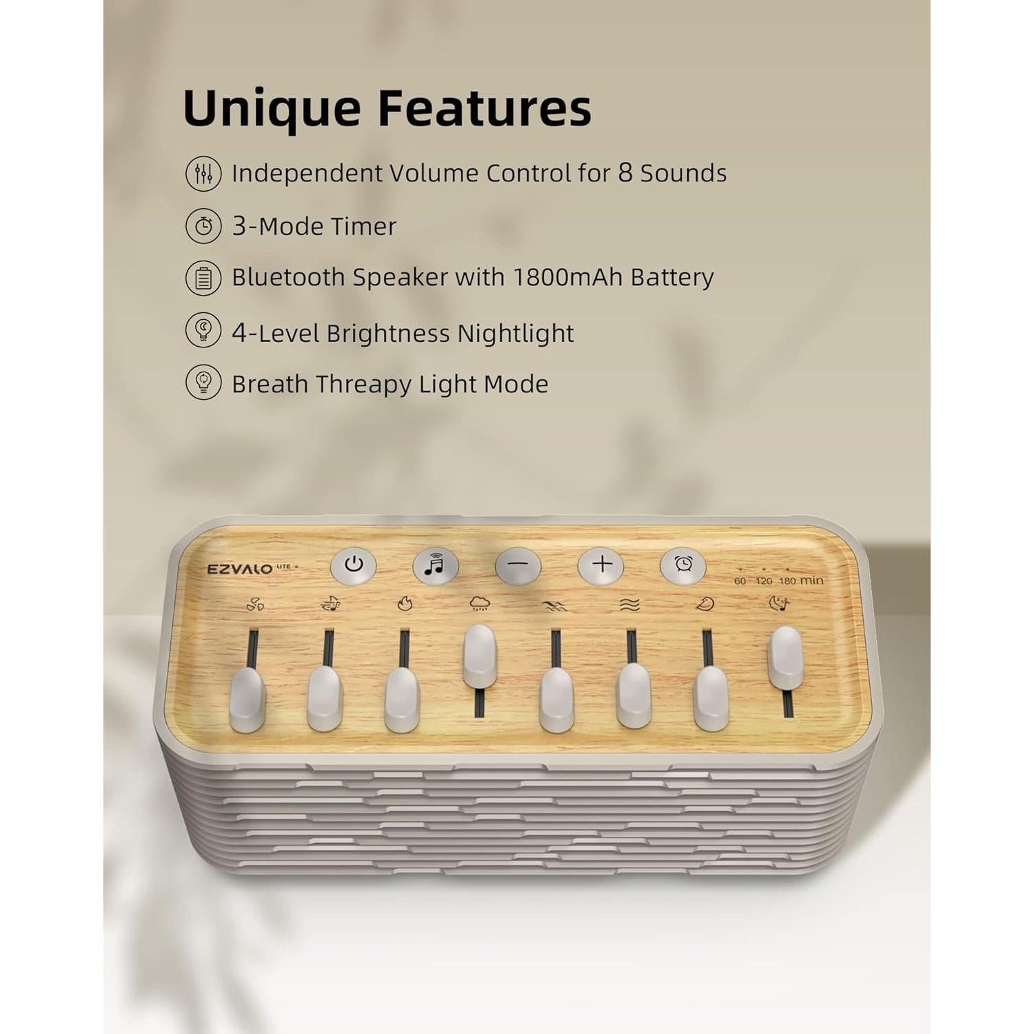 Máquina de Ruido Blanco EZVALO con Luz Nocturna y Altavoz