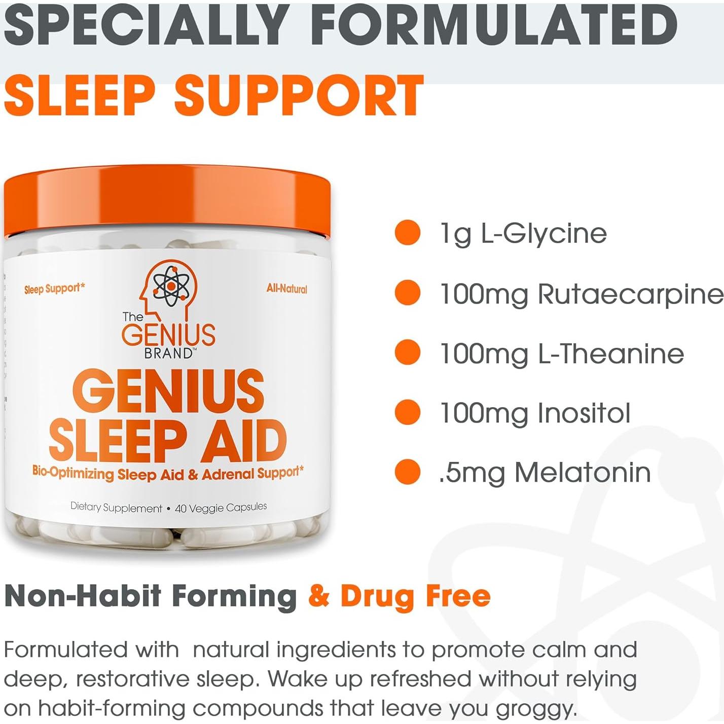 Genius Sleep Aid - Suplemento Natural para Dormir - 40 Cápsulas