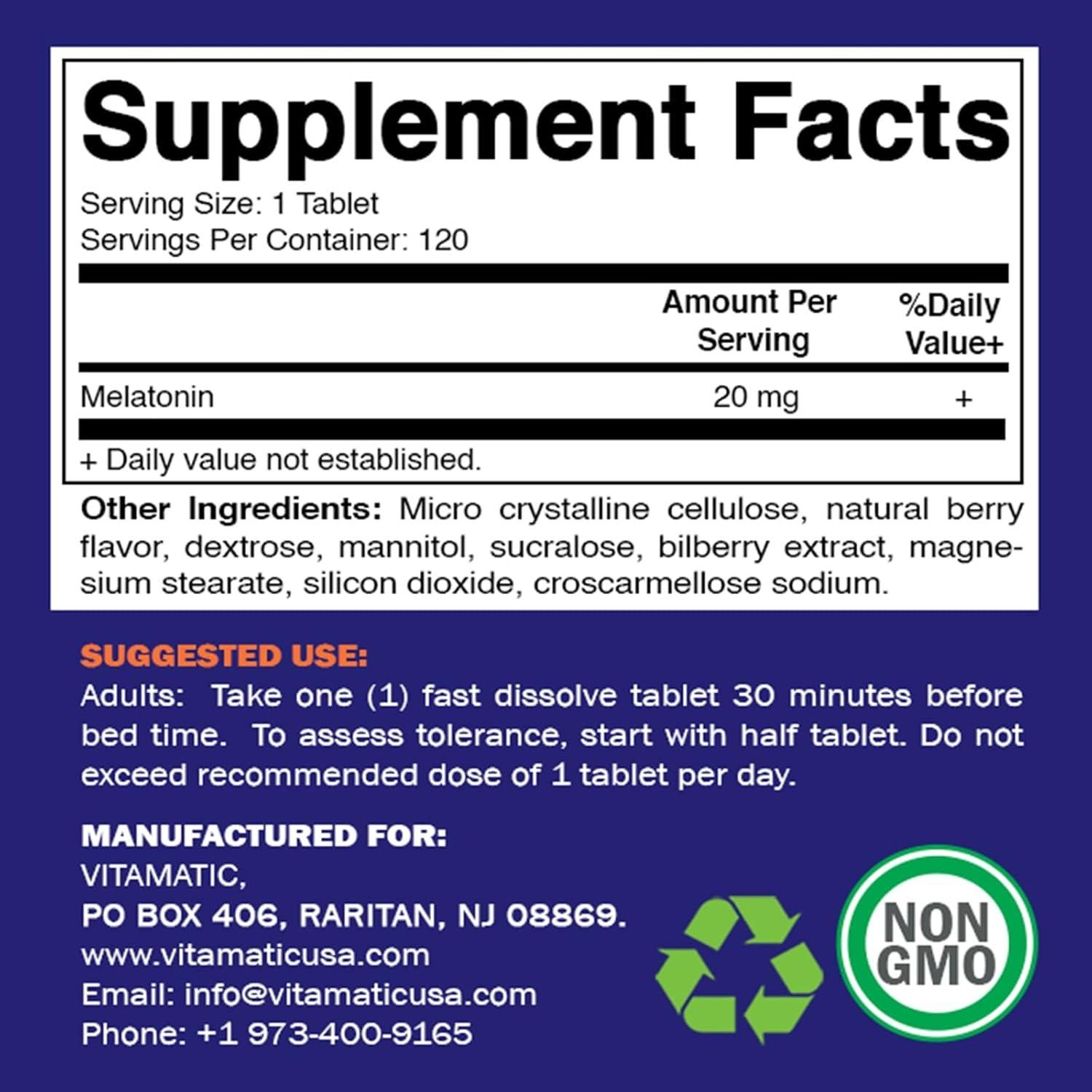 Tabletas de Melatonina Vitamatic 20 mg Sabor Frutos Rojos 120 U