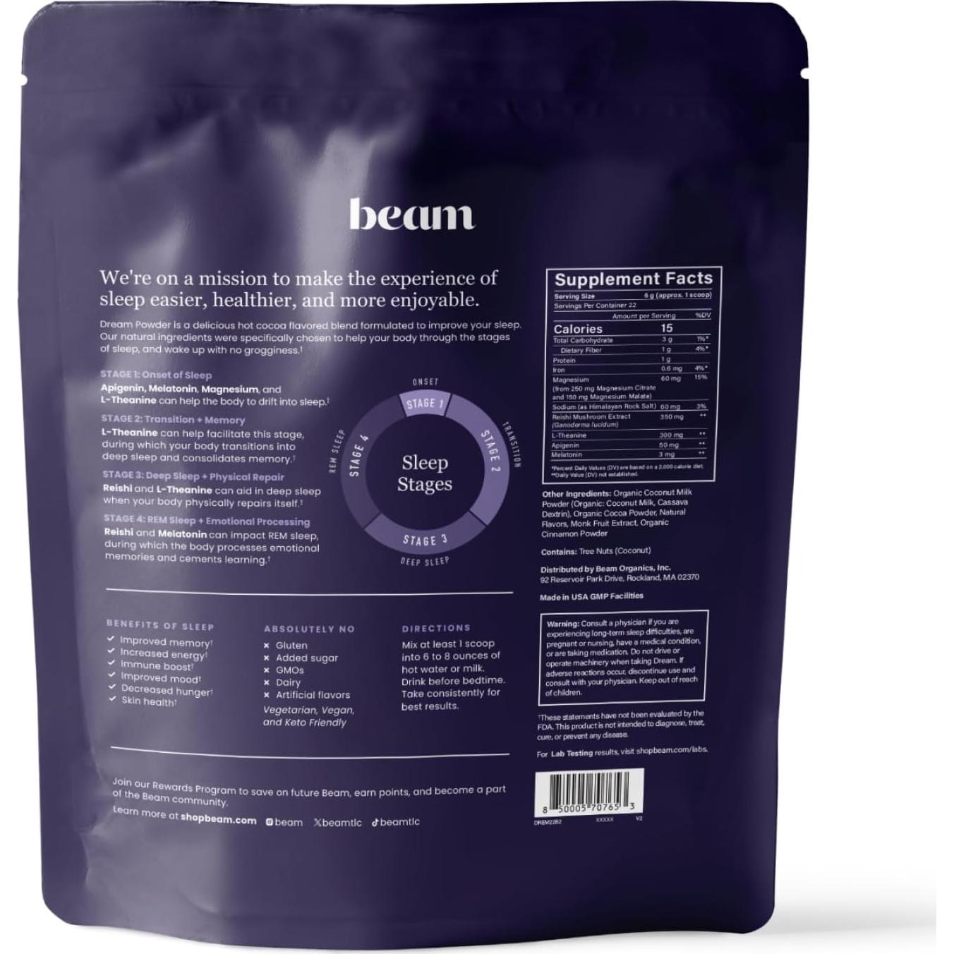 Beam Dream Polvo para Dormir Vegano 22 Porciones Canela Chocolate