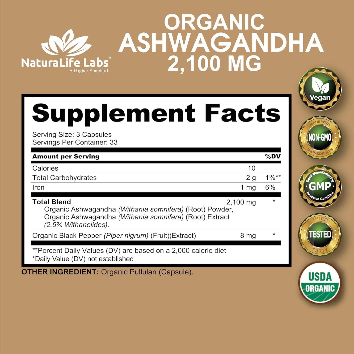 Ashwagandha Orgánica 2100 mg - 100 Cápsulas Veganas