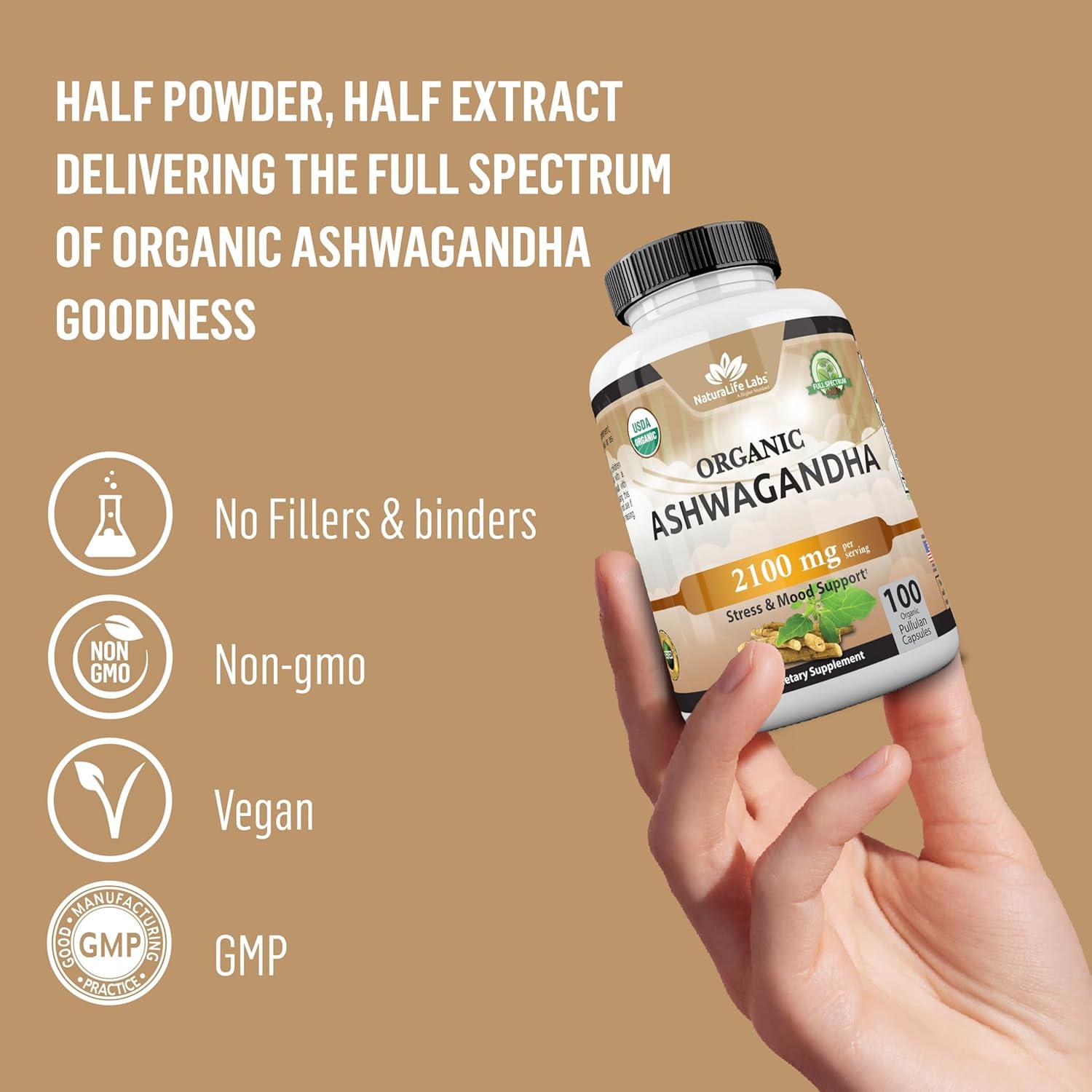 Ashwagandha Orgánica 2100 mg - 100 Cápsulas Veganas