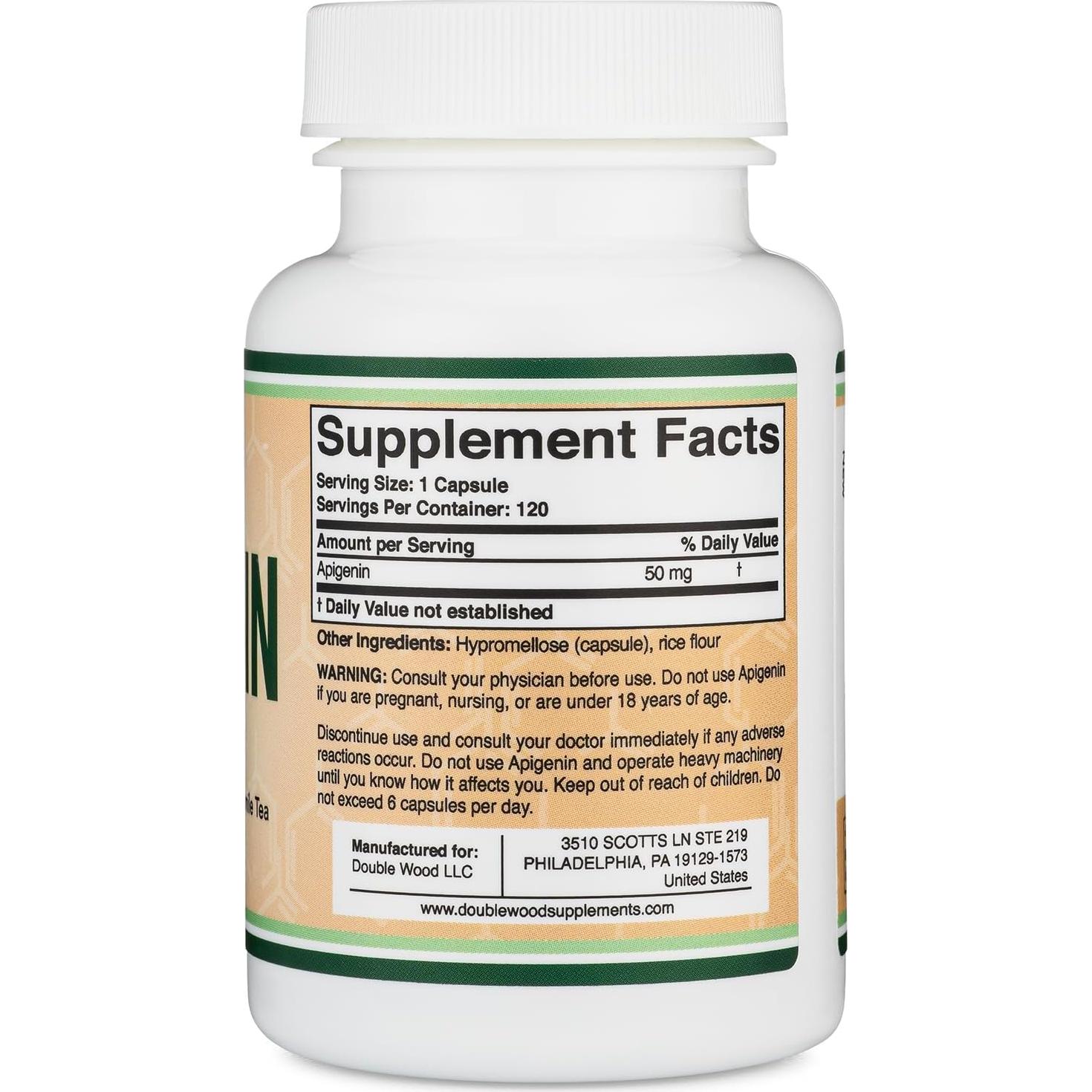 Suplemento de Apigenina 50 mg Double Wood 120 Cápsulas