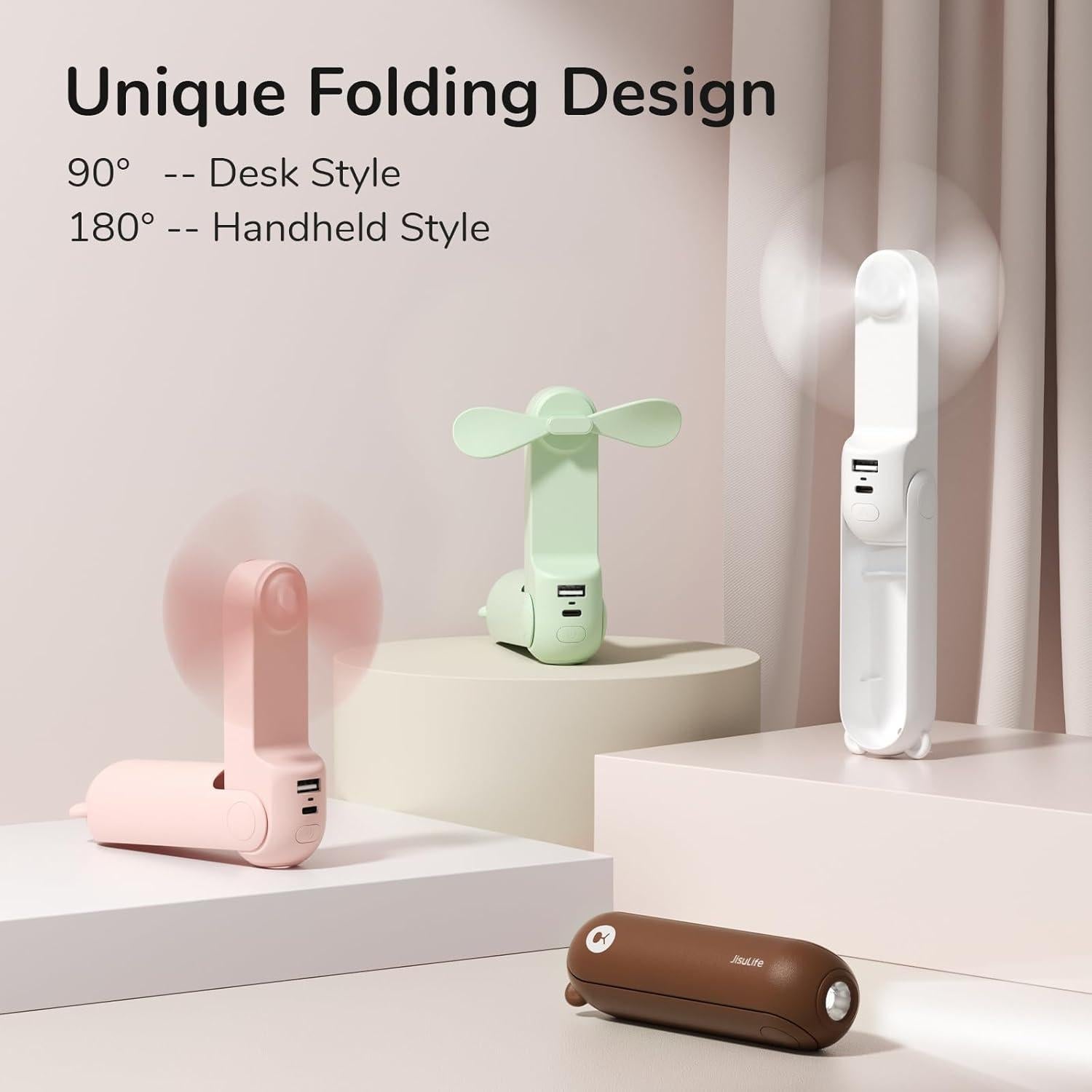 Ventilador Mini JISULIFE F8 3 en 1 Recargable USB Rosa