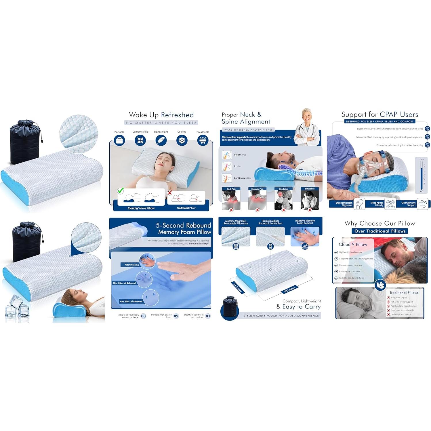 Almohada de Espuma Viscoelástica Nube 9 para Viaje Compacta