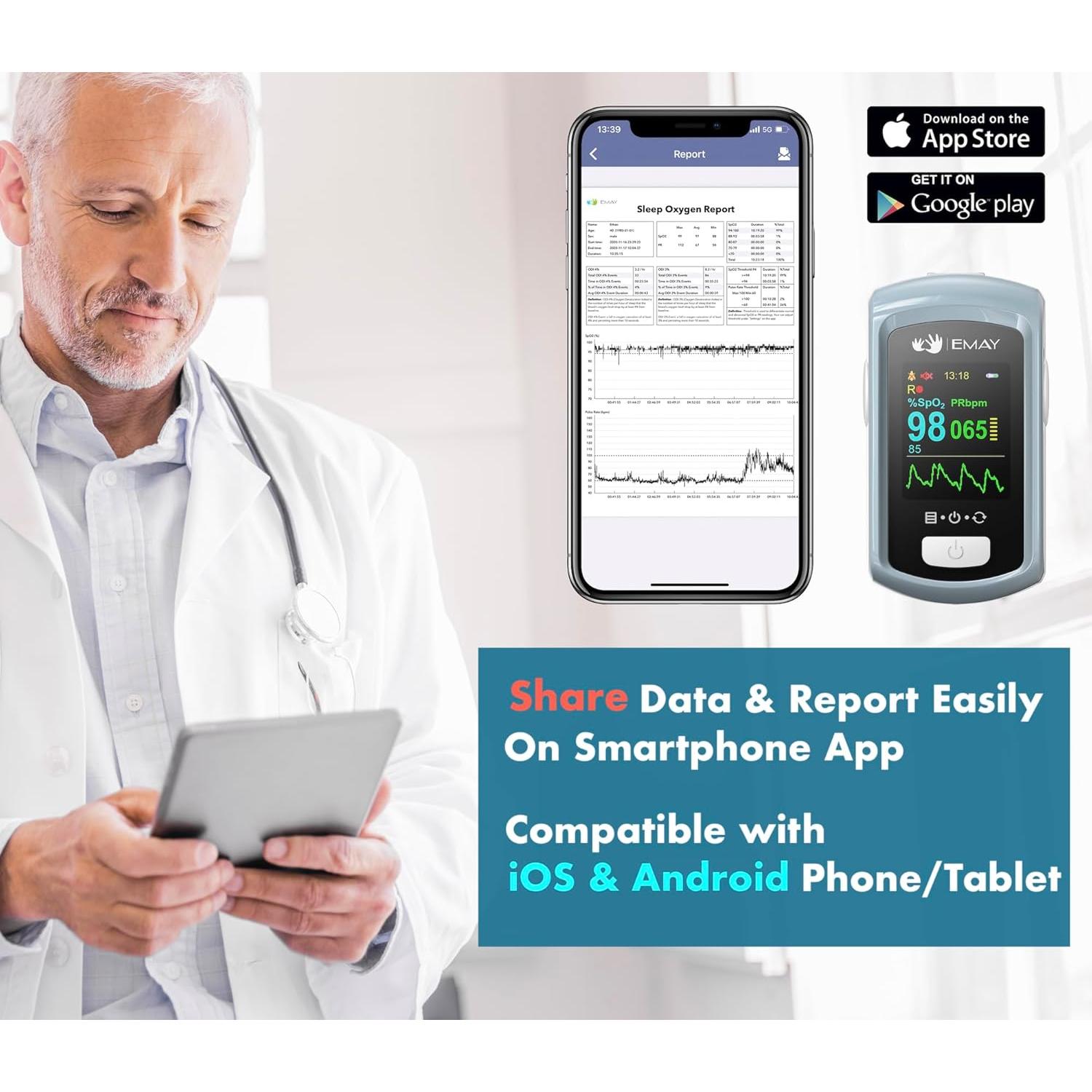 Monitor de Oxígeno EMAY Bluetooth con App y Memoria 72h