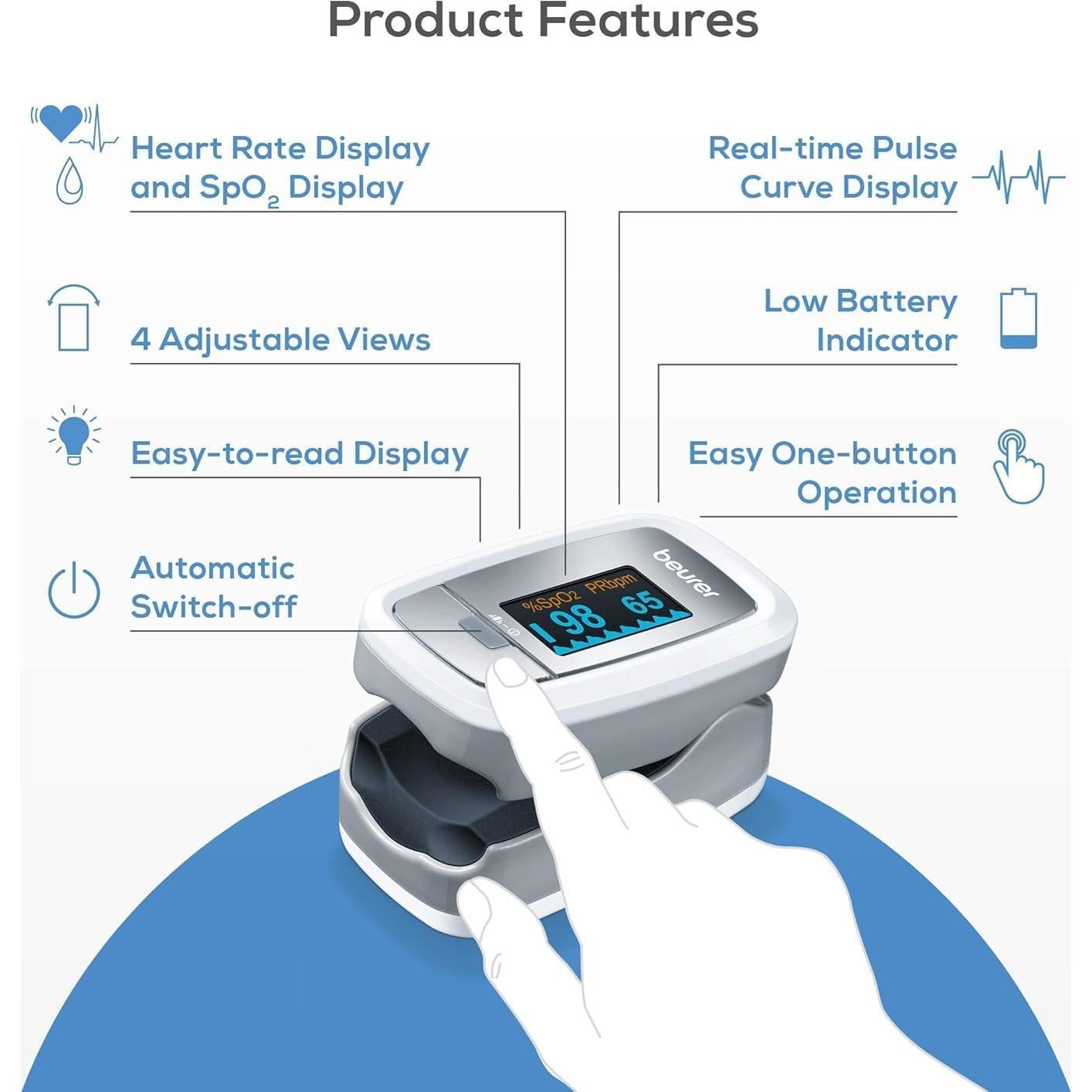 Oxímetro de Pulso Beurer PO30, Monitor de Oxígeno y Pulso