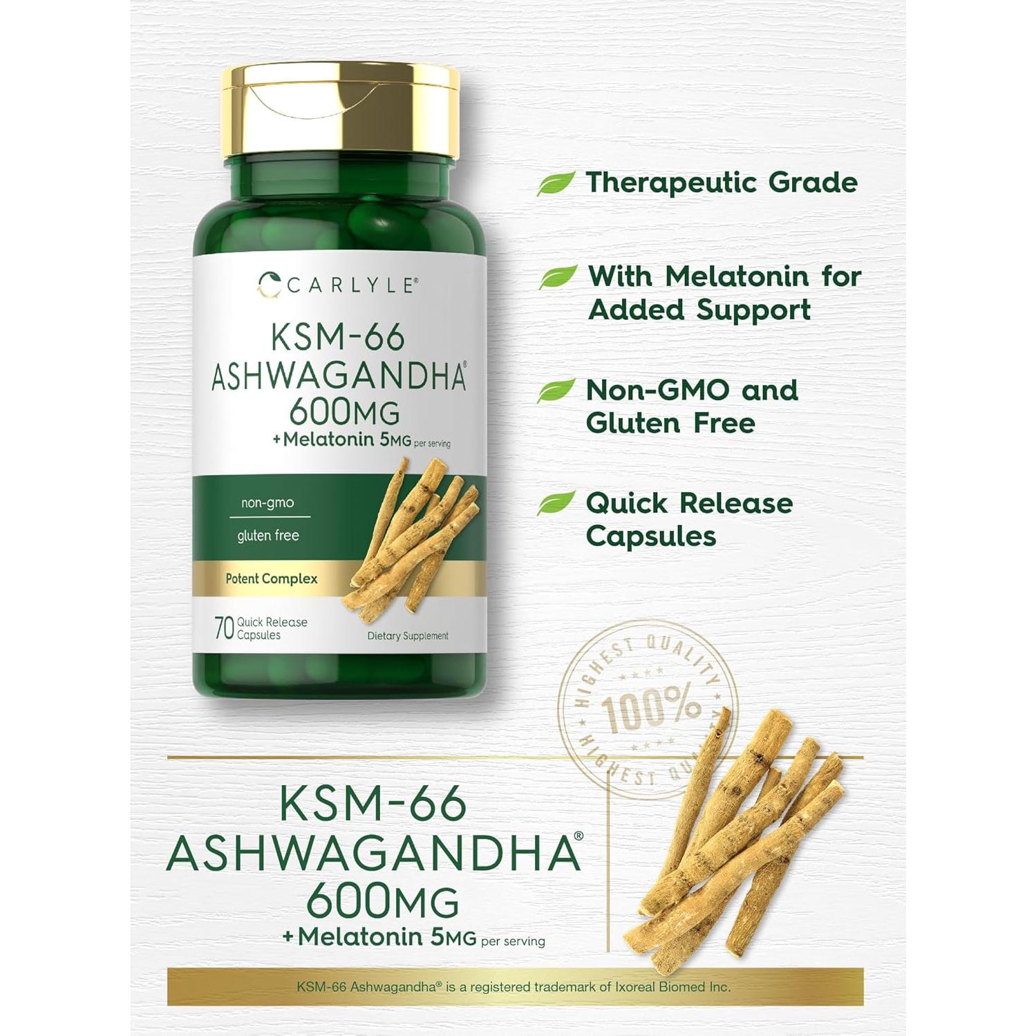 Cápsulas de Ashwagandha KSM-66 Carlyle 600mg + 5mg Melatonina